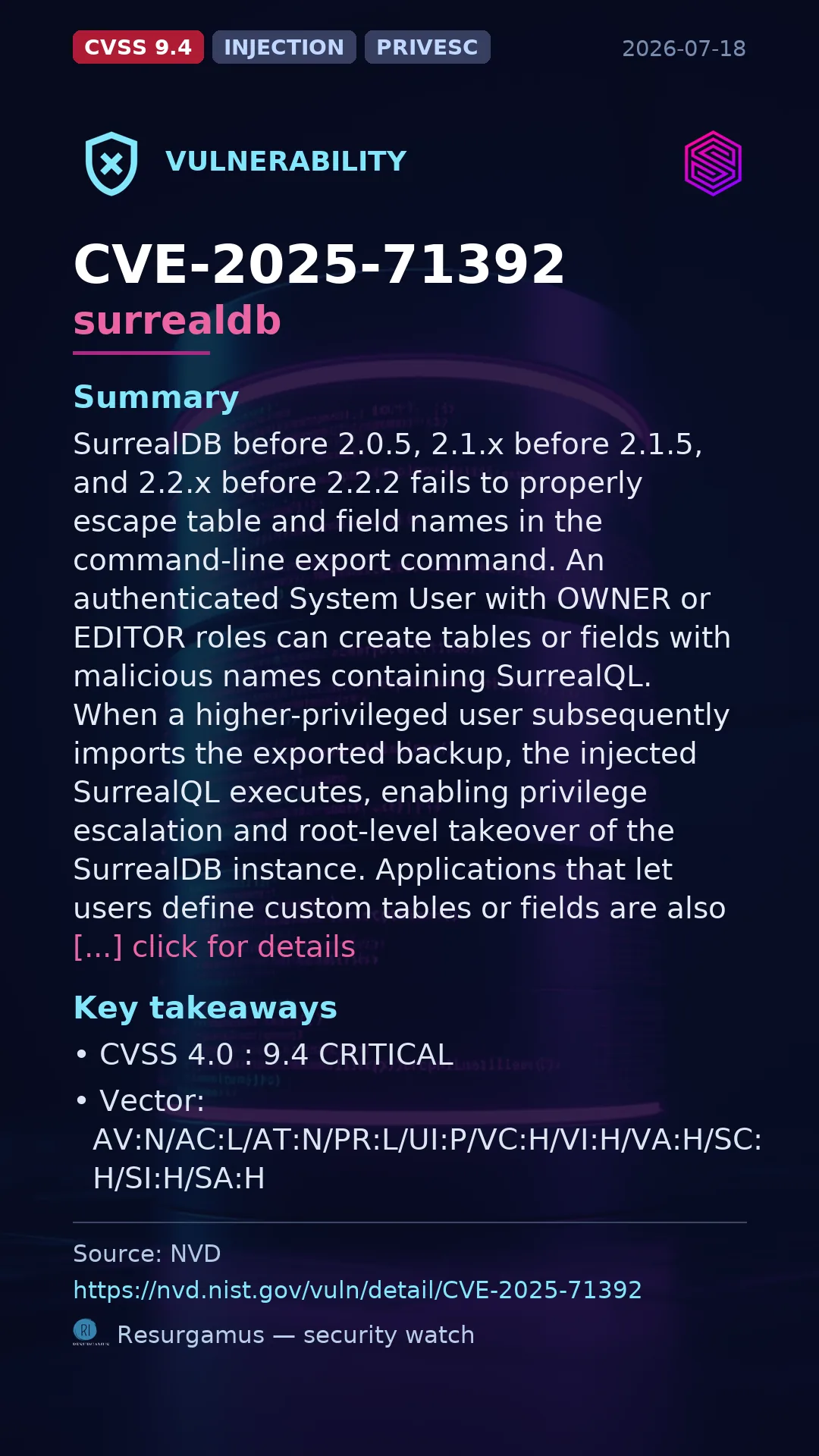 CVE-2025-71392 surrealdb Vulnerability