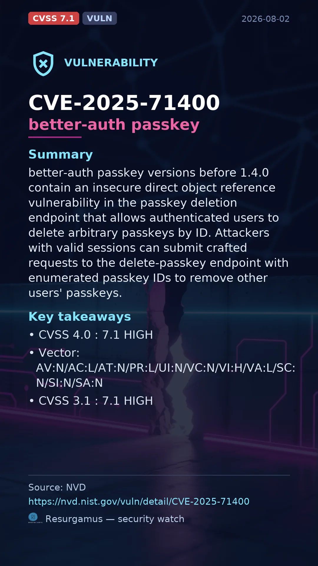 CVE-2025-71400 better-auth passkey Vulnerability