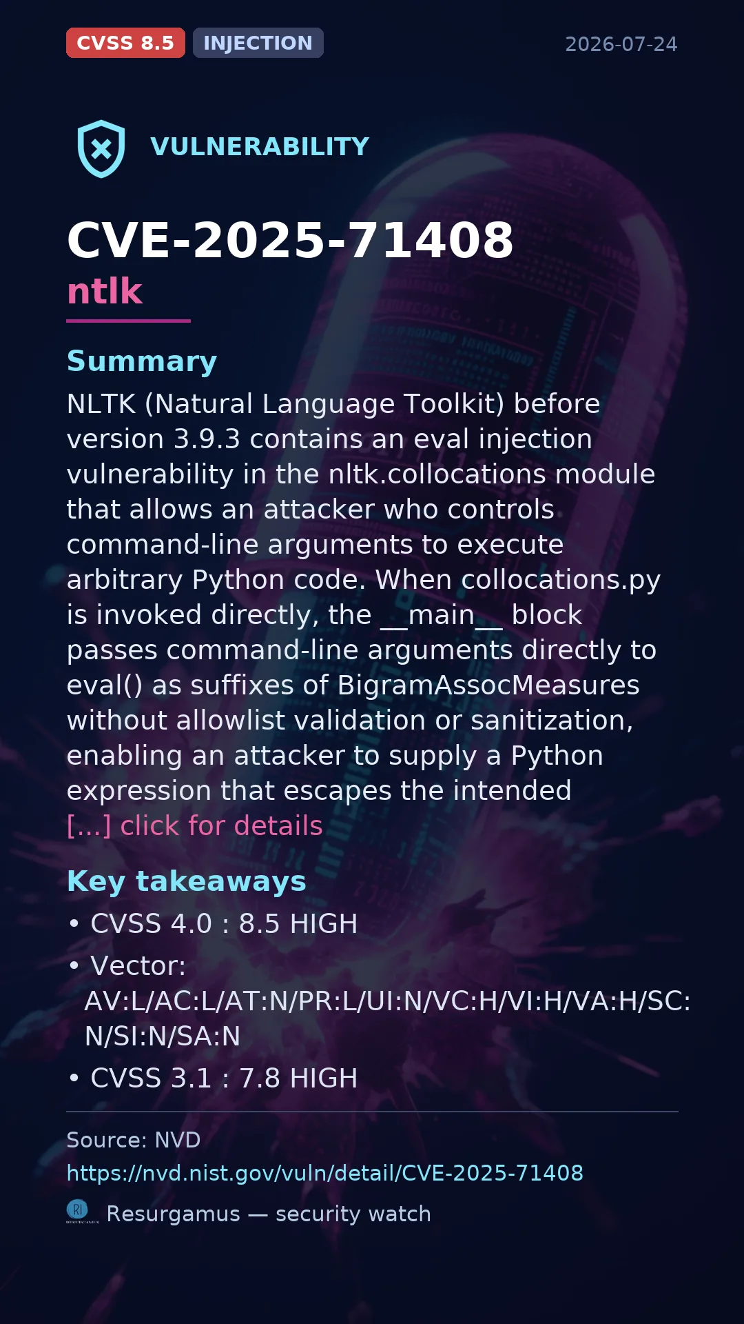 CVE-2025-71408 - ntlk vulnerability