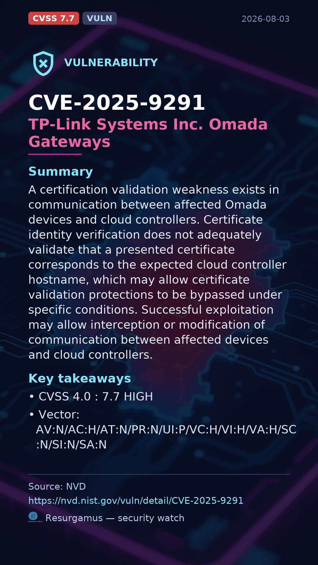 CVE-2025-9291 TP-Link Systems Inc. Omada Gateways Vulnerability