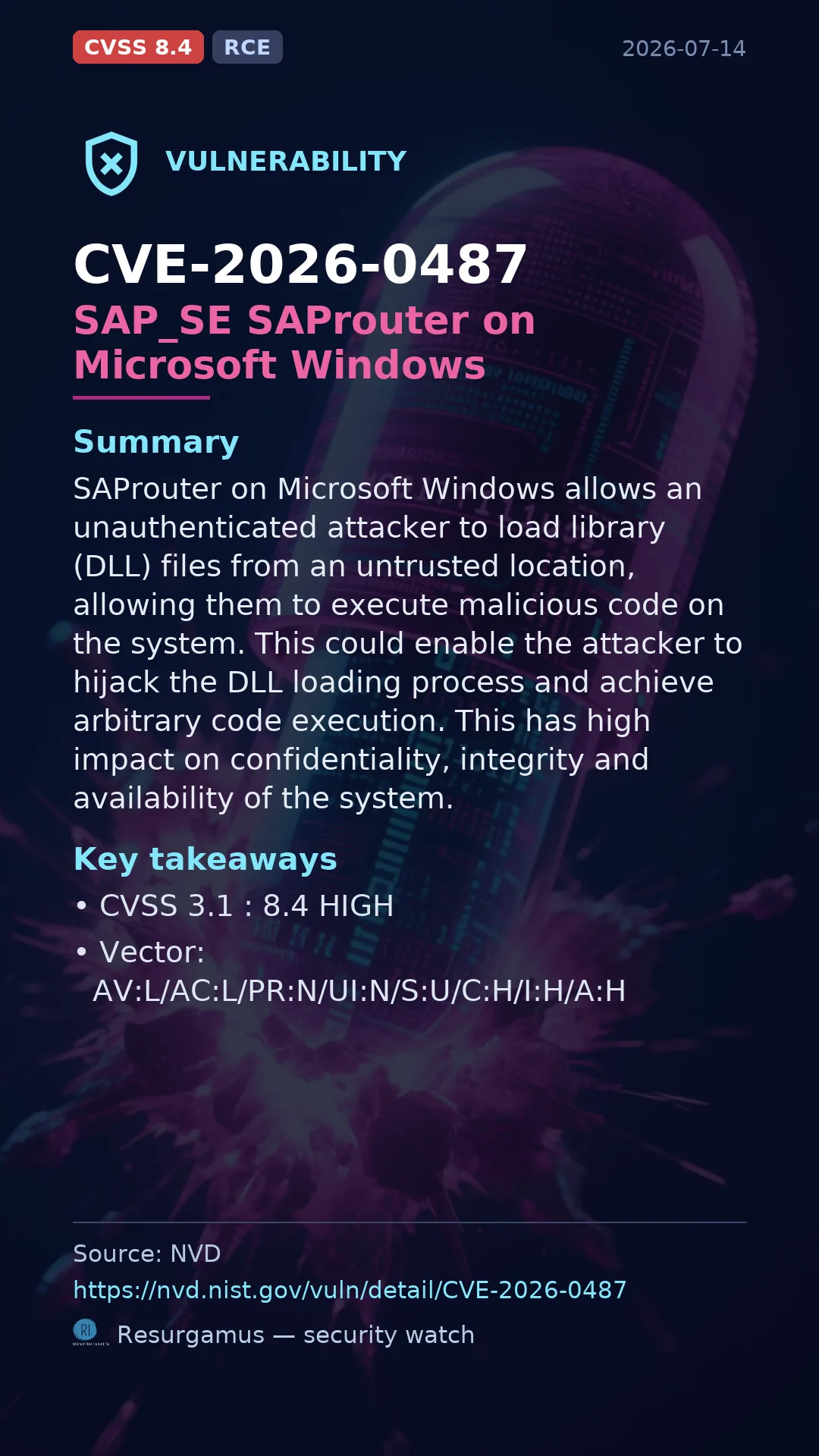 CVE-2026-0487 SAP_SE SAProuter on Microsoft Windows Vulnerability