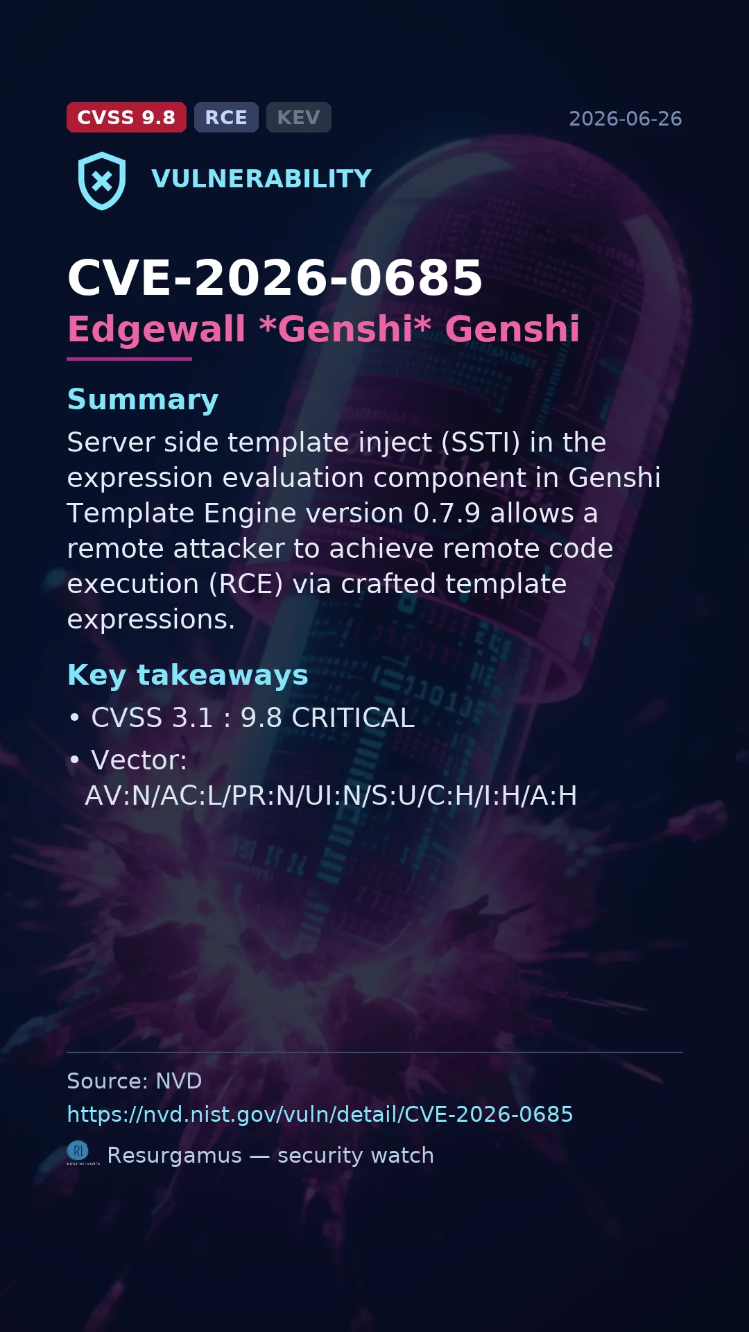 CVE-2026-0685 Edgewall *Genshi* Genshi Vulnerability