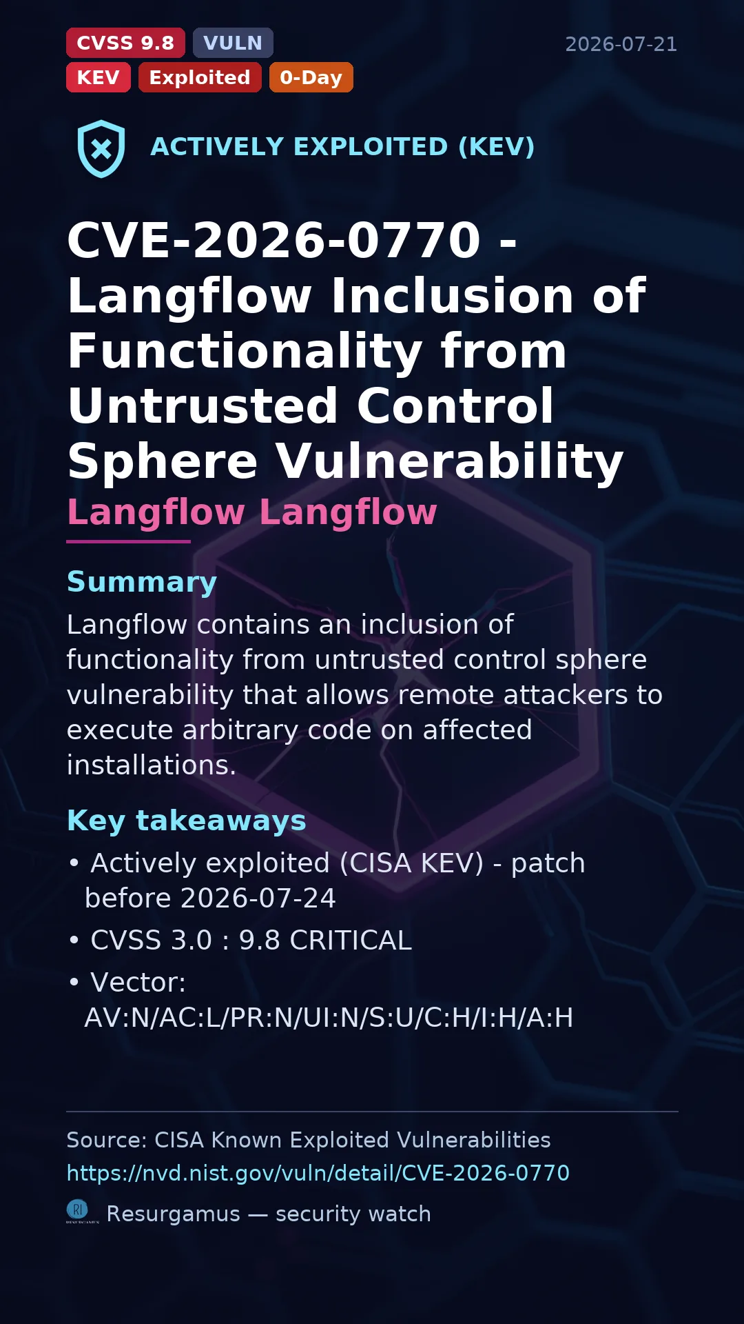 CVE-2026-0770 - Langflow Langflow - actively exploited (KEV) vulnerability