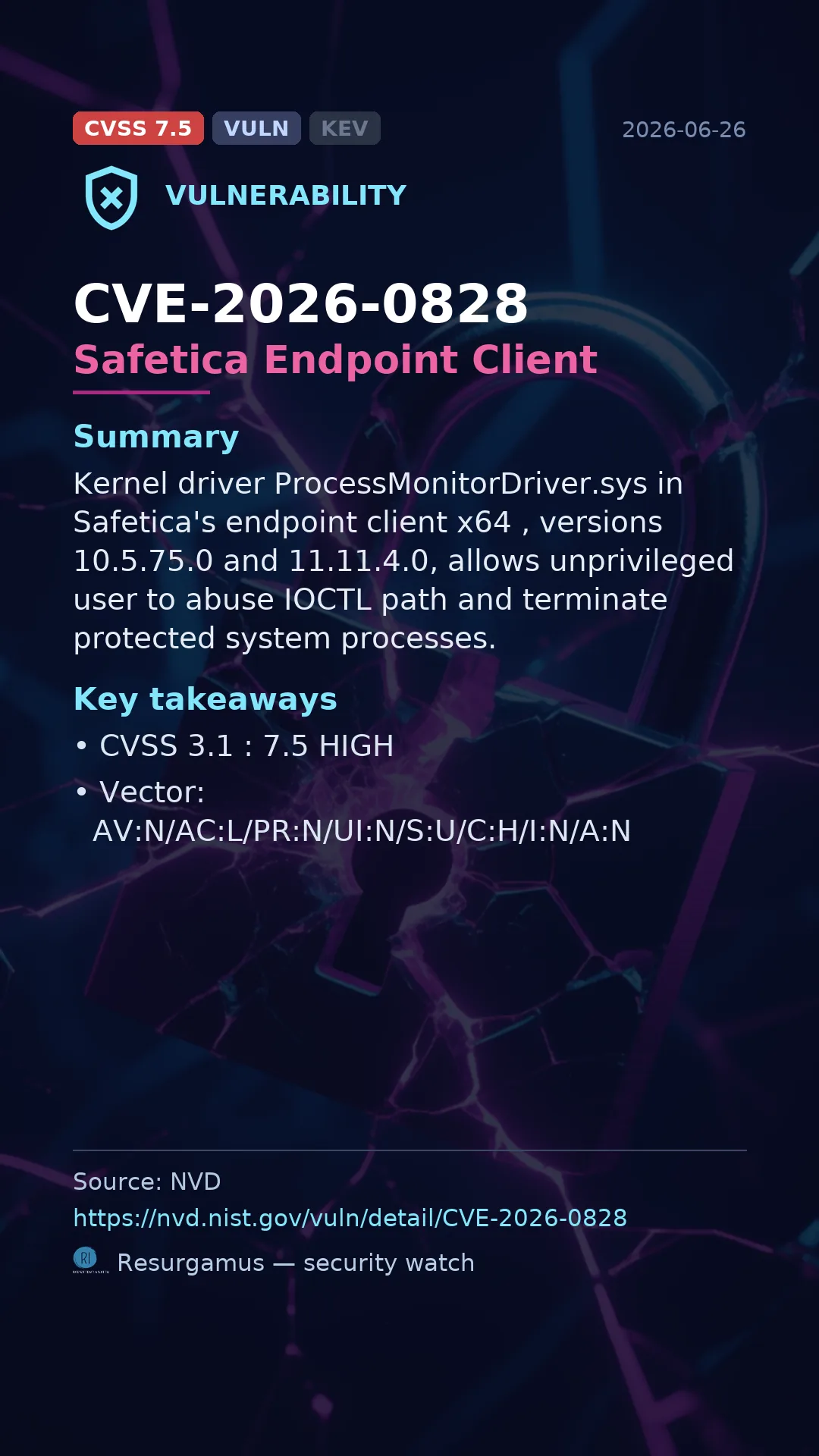 CVE-2026-0828 Safetica Endpoint Client Vulnerability