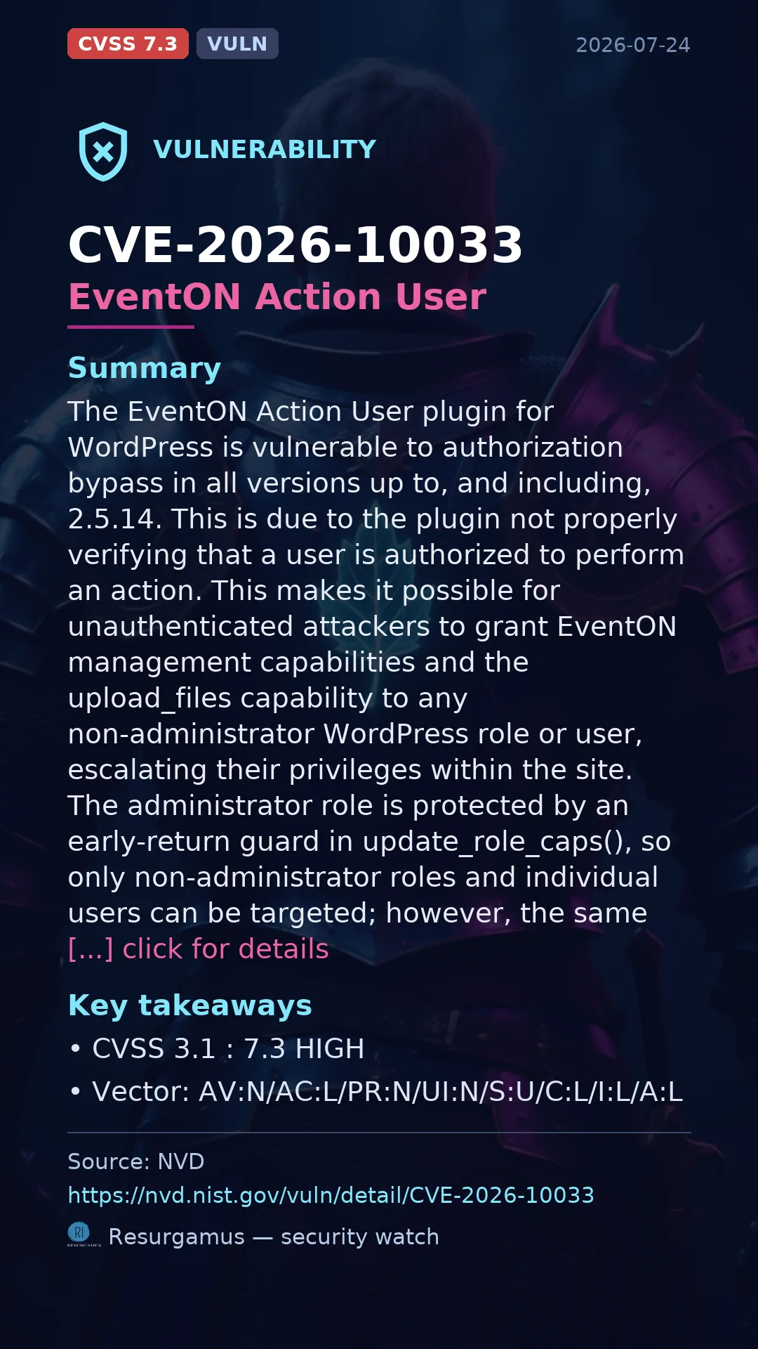 CVE-2026-10033 - EventON Action User vulnerability