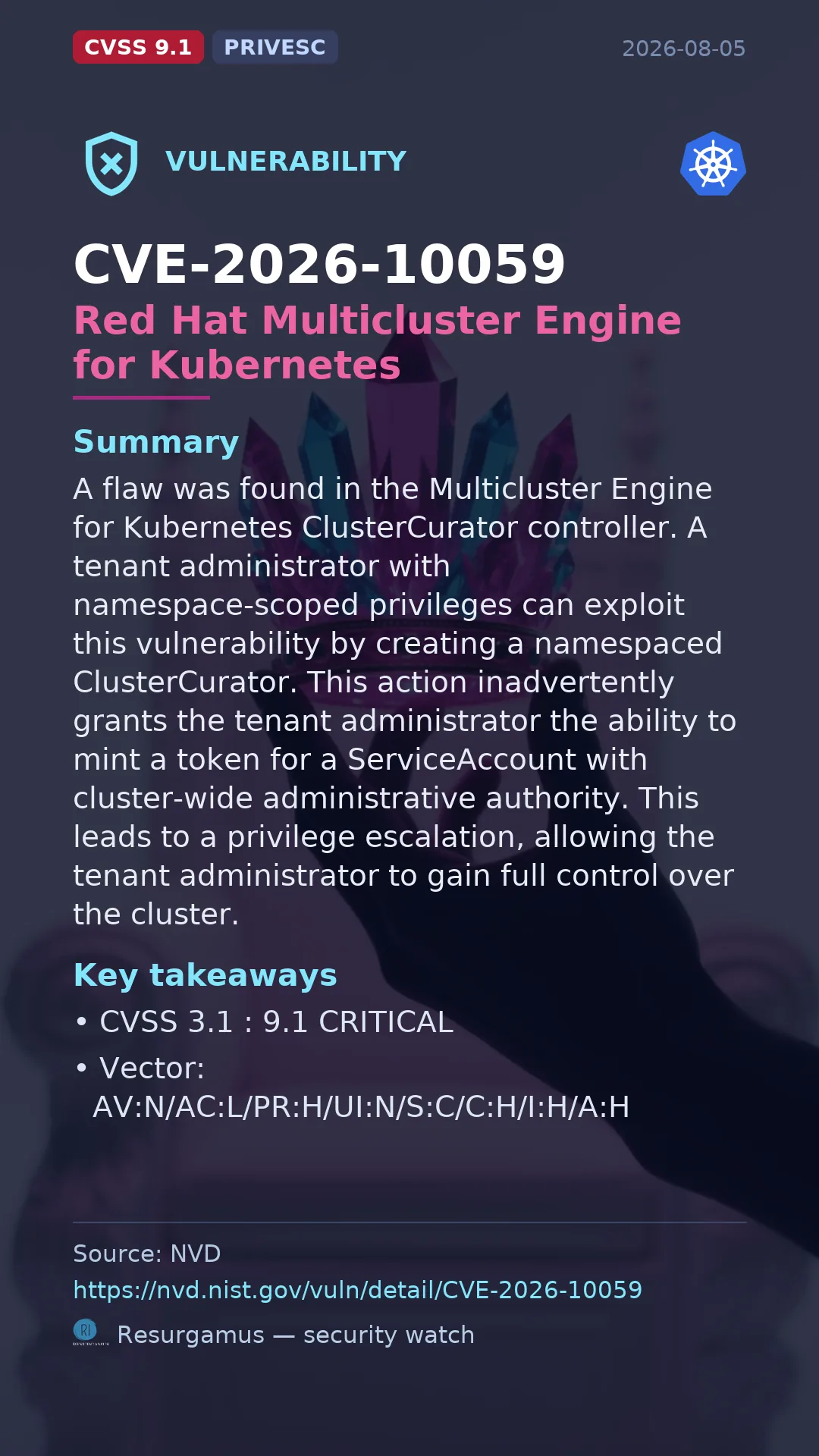 CVE-2026-10059 Red Hat Multicluster Engine for Kubernetes Vulnerability