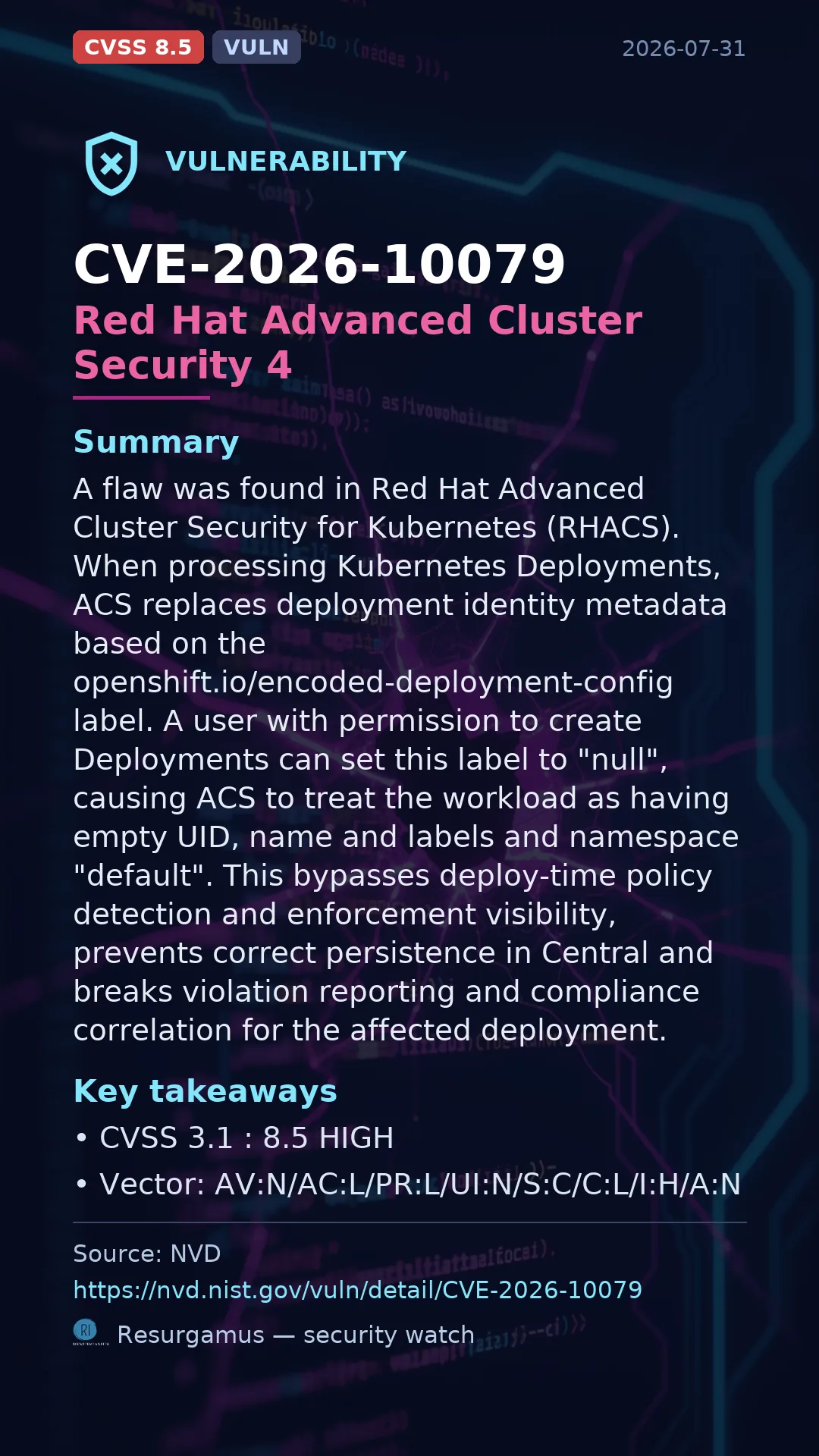 CVE-2026-10079 Red Hat Advanced Cluster Security 4 Vulnerability