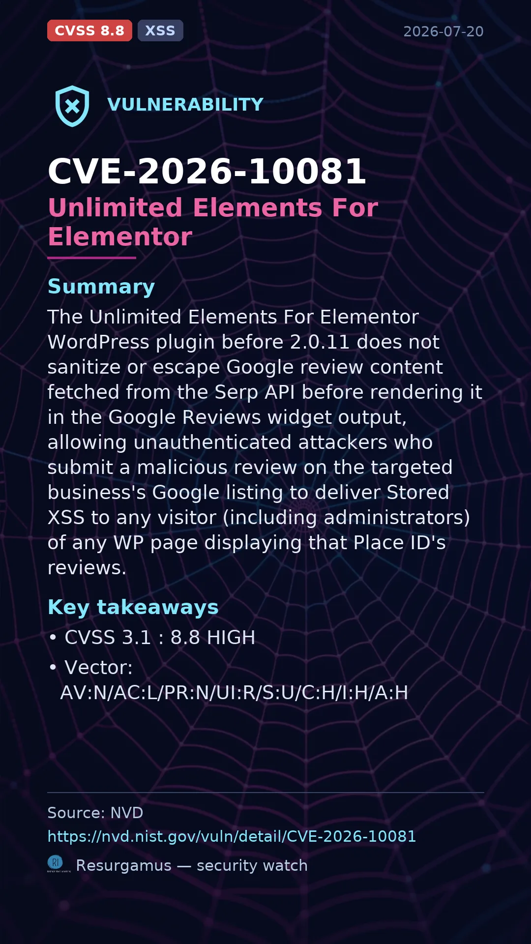 CVE-2026-10081 Unlimited Elements For Elementor Vulnerability