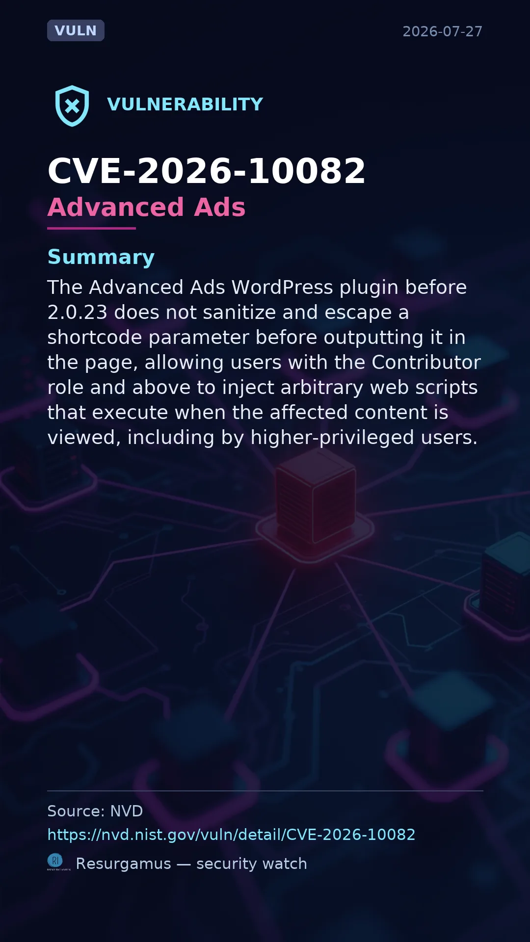 CVE-2026-10082 - Advanced Ads vulnerability