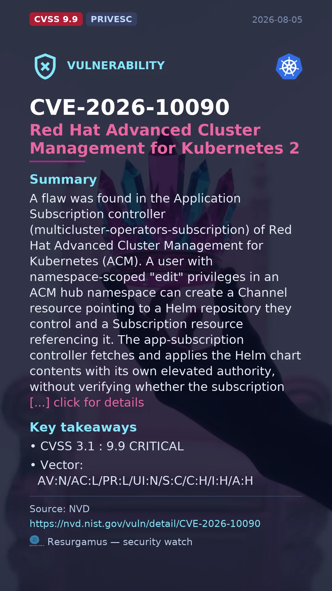 CVE-2026-10090 Red Hat Advanced Cluster Management for Kubernetes 2 Vulnerability