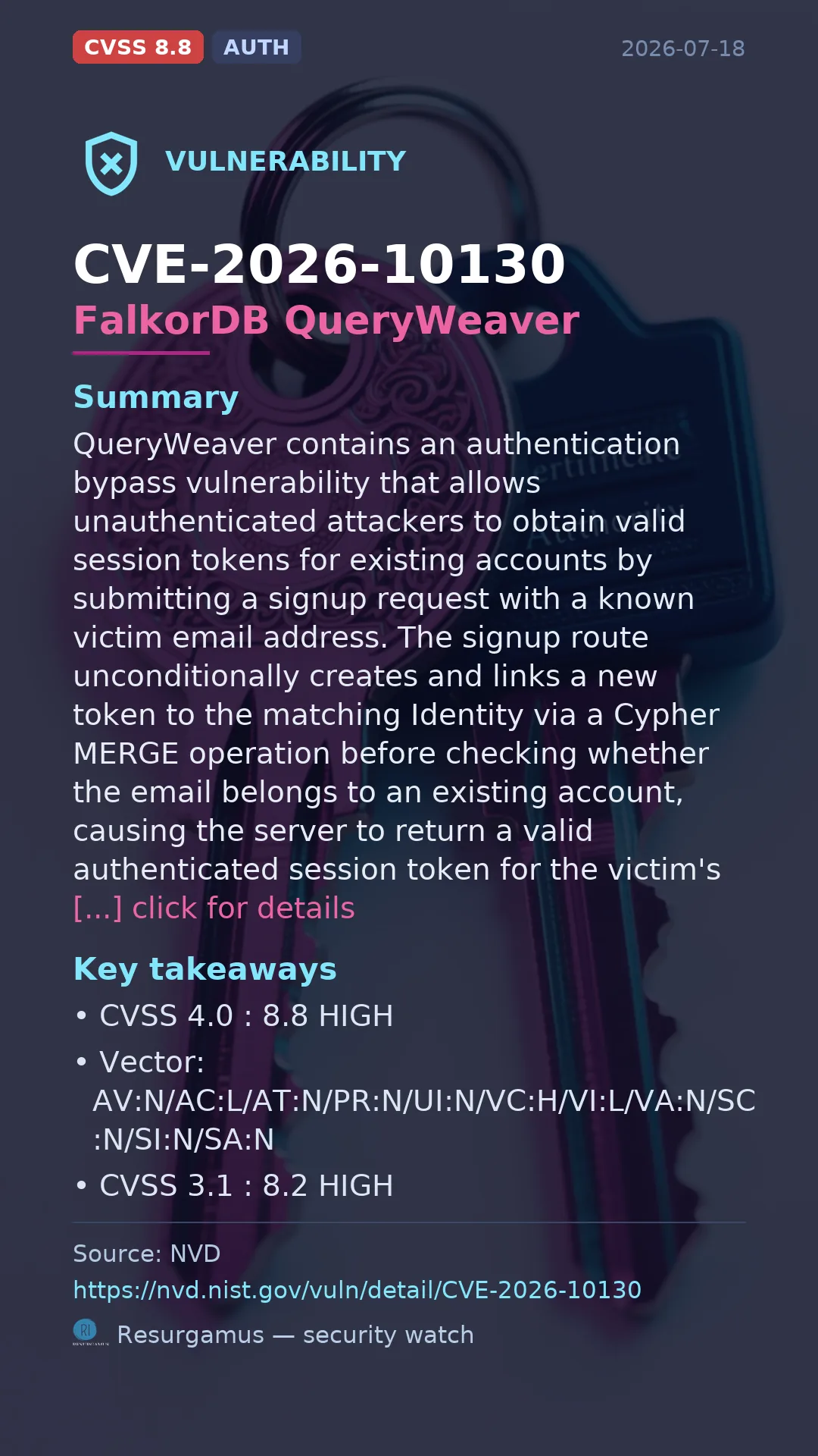 CVE-2026-10130 FalkorDB QueryWeaver Vulnerability
