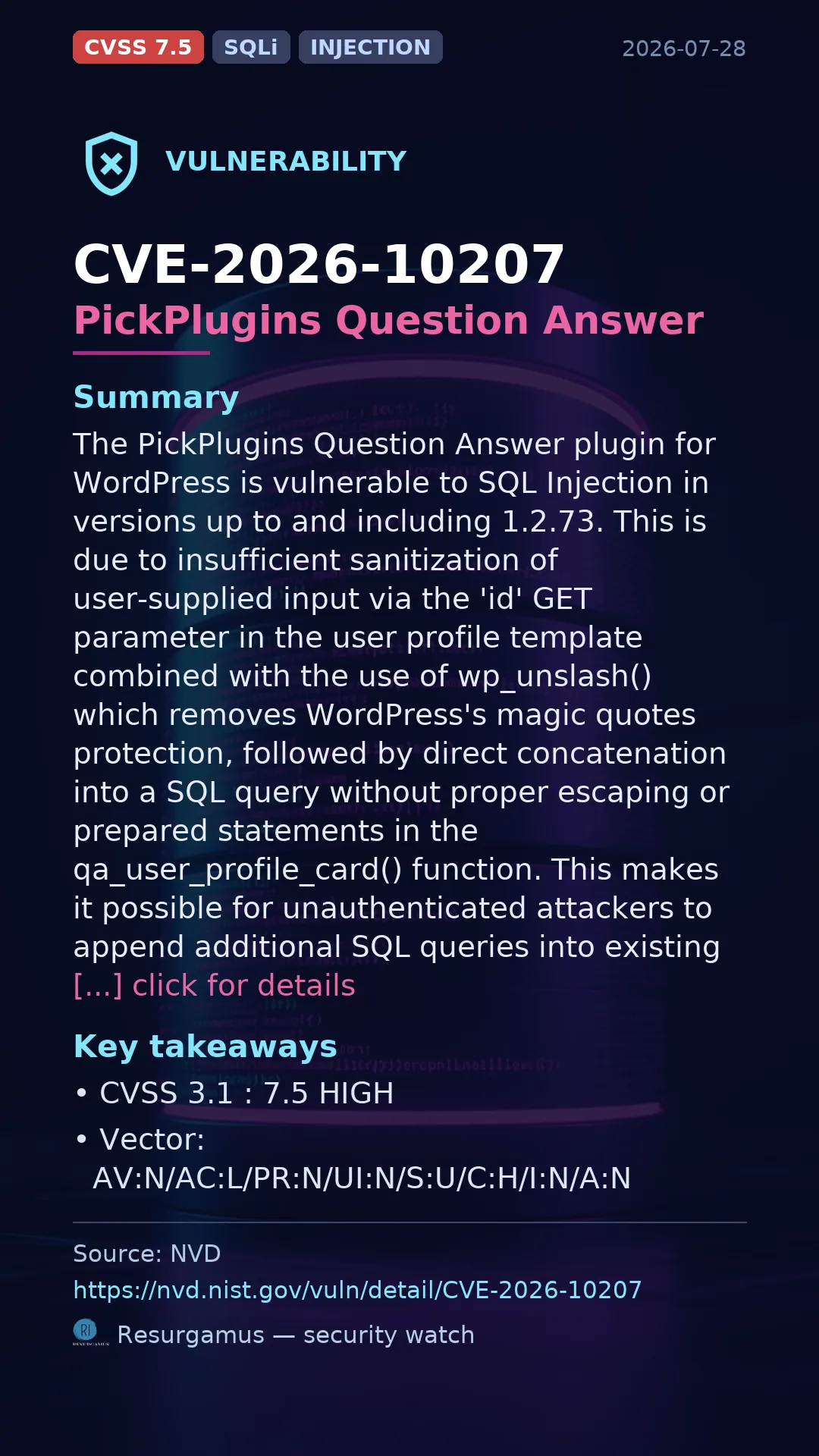 CVE-2026-10207 PickPlugins Question Answer Vulnerability