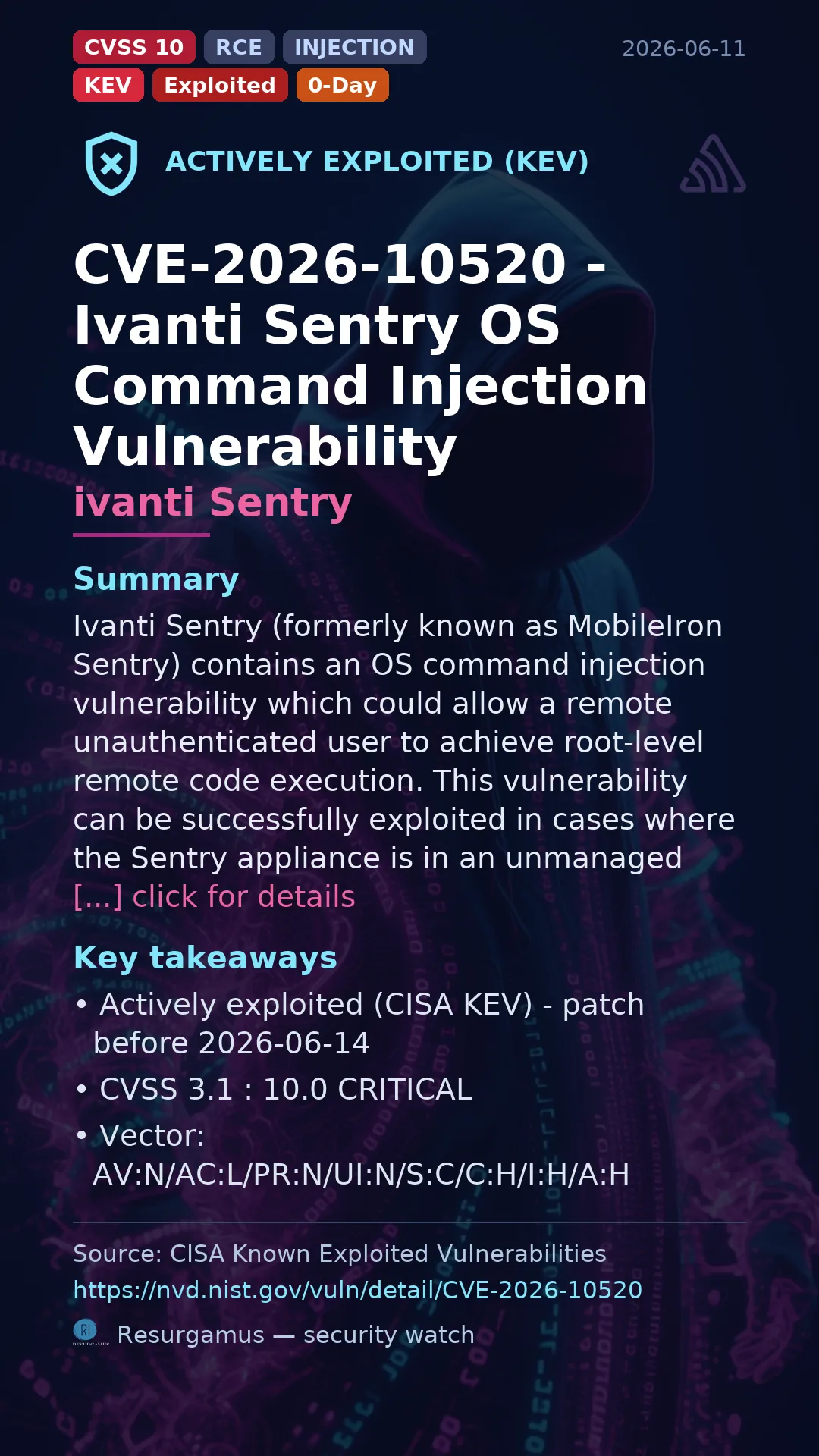 CVE-2026-10520 - ivanti Sentry - actively exploited (KEV) vulnerability