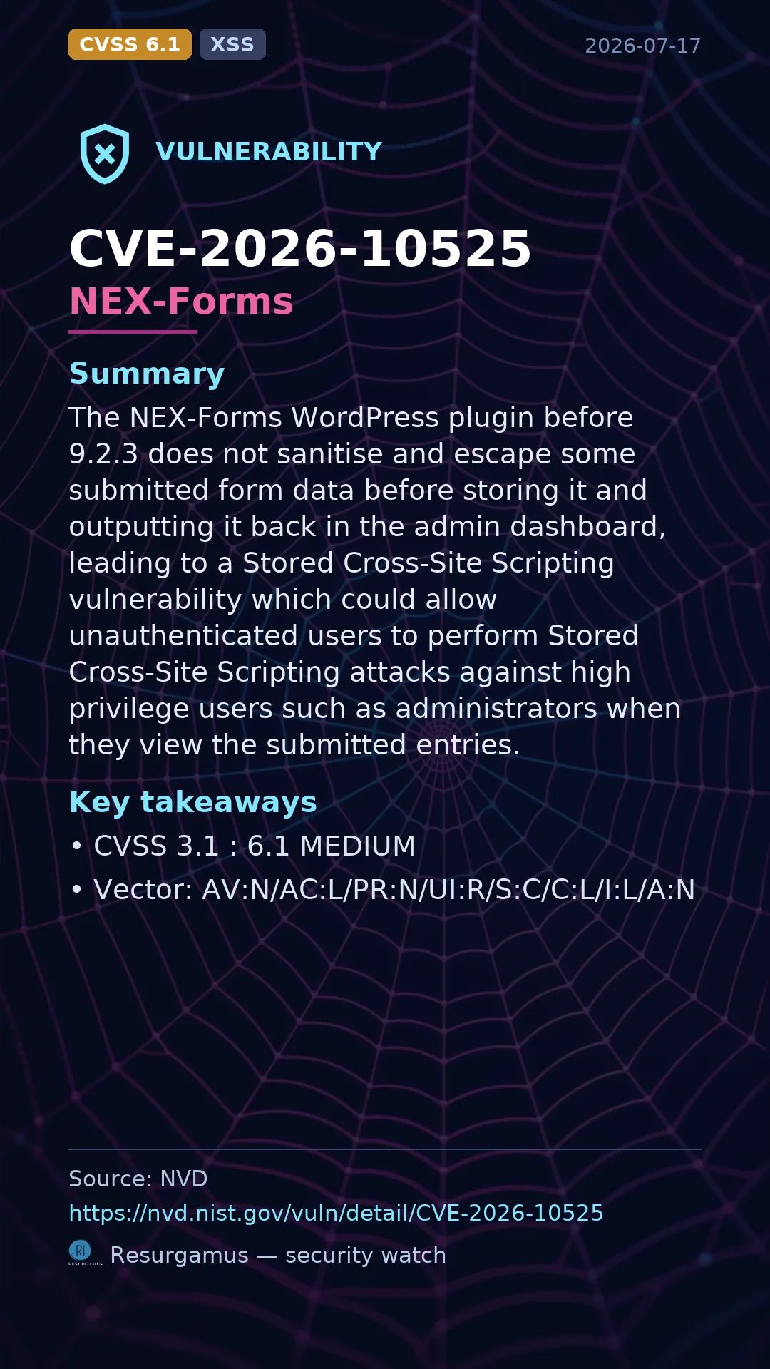 CVE-2026-10525 NEX-Forms Vulnerability