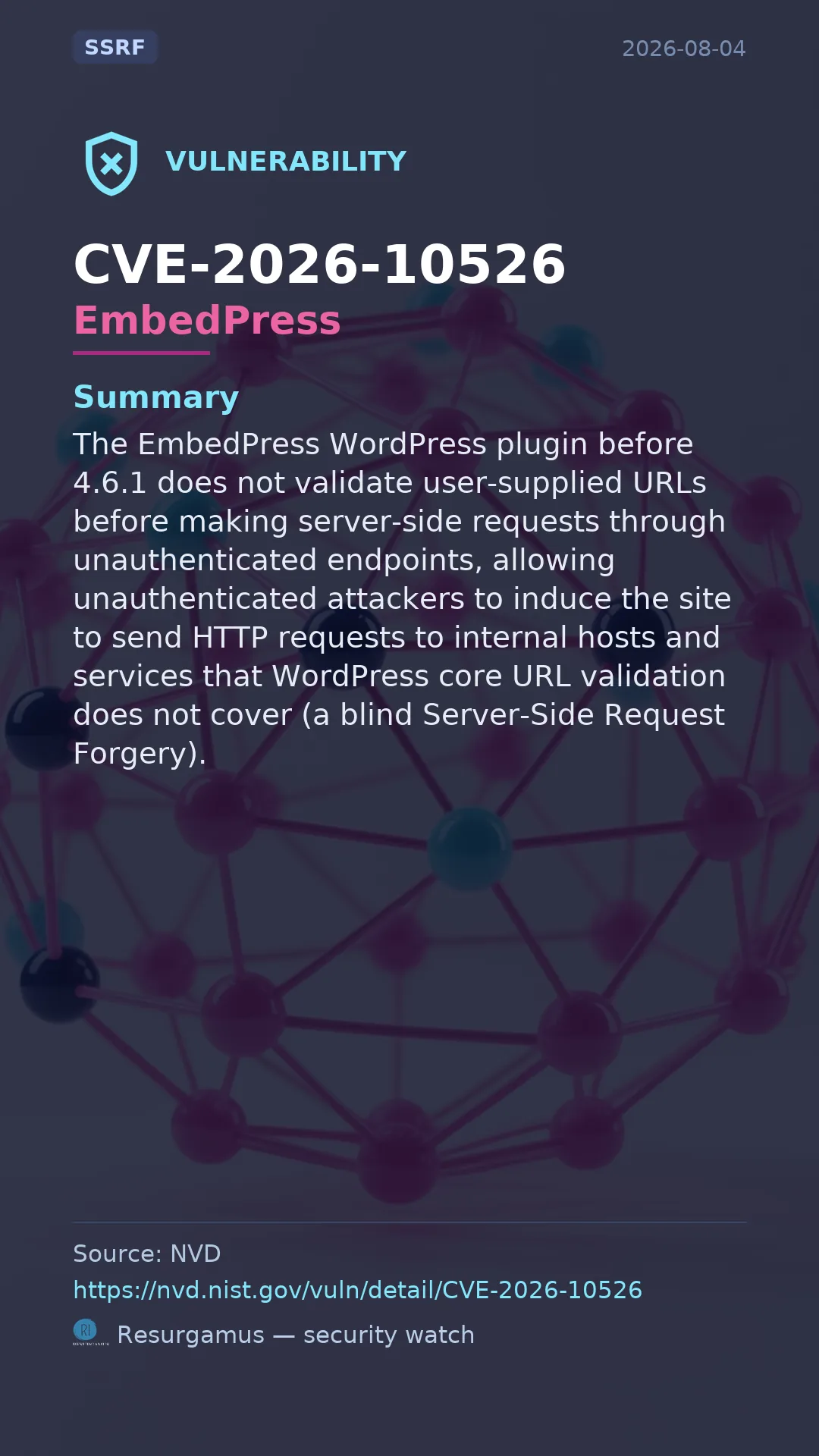 CVE-2026-10526 EmbedPress Vulnerability