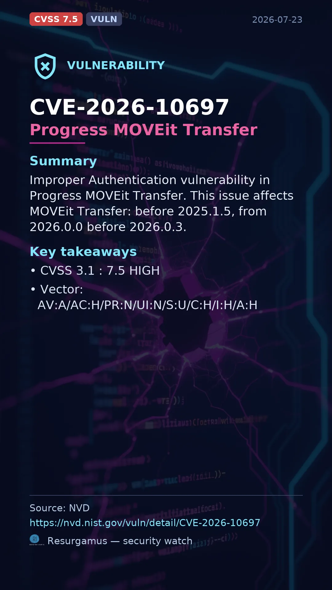 CVE-2026-10697 Progress MOVEit Transfer Vulnerability