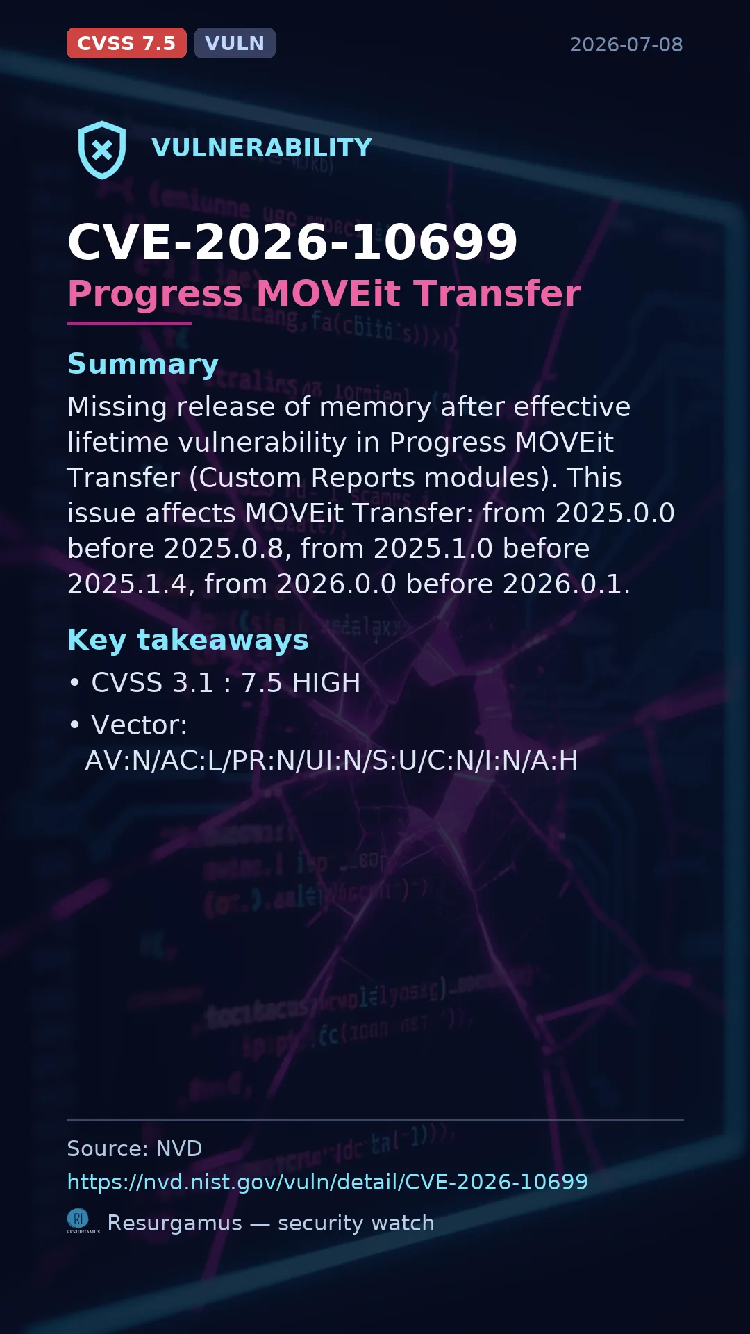 CVE-2026-10699 Progress MOVEit Transfer Vulnerability
