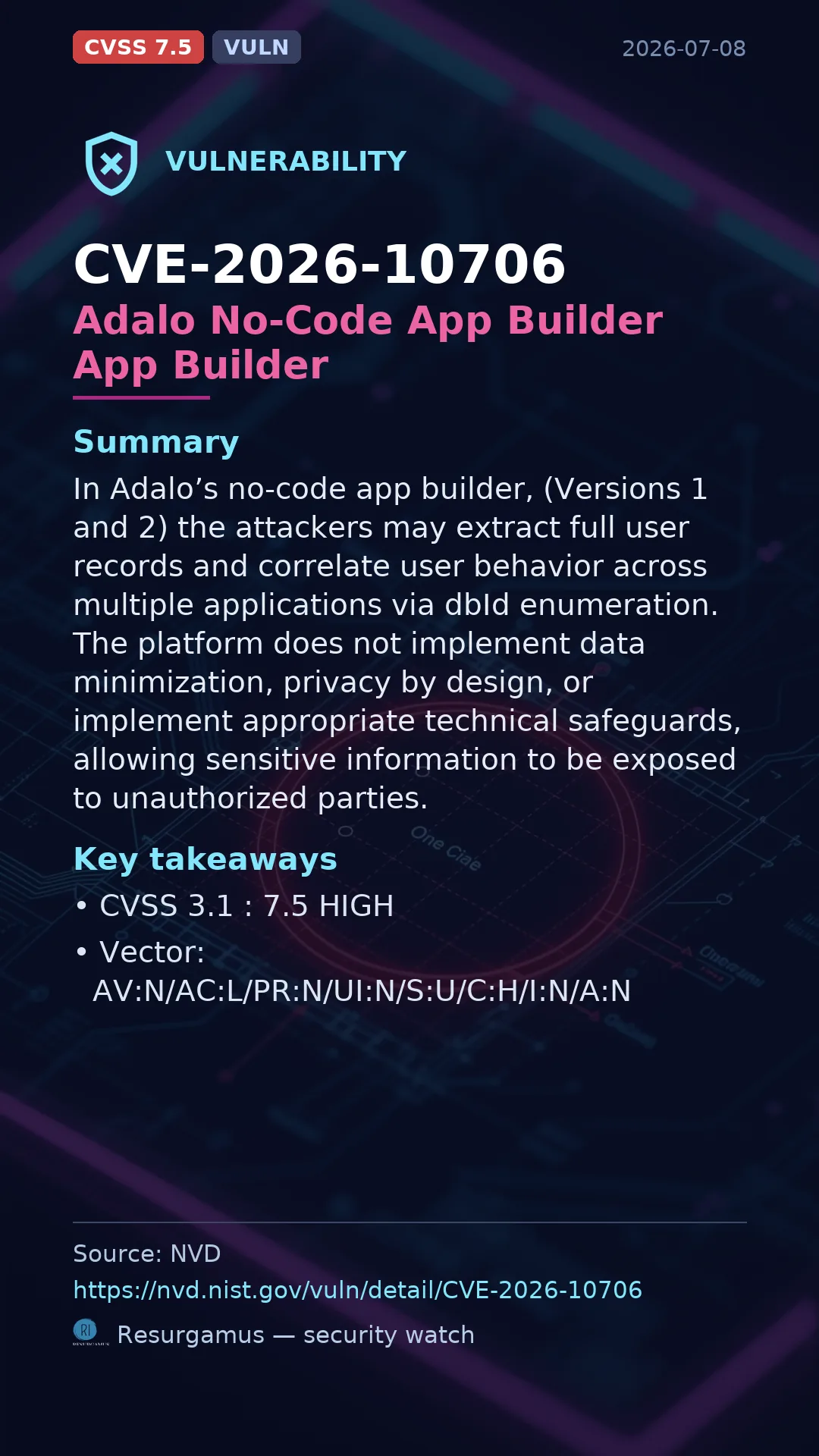 CVE-2026-10706 Adalo No-Code App Builder App Builder Vulnerability