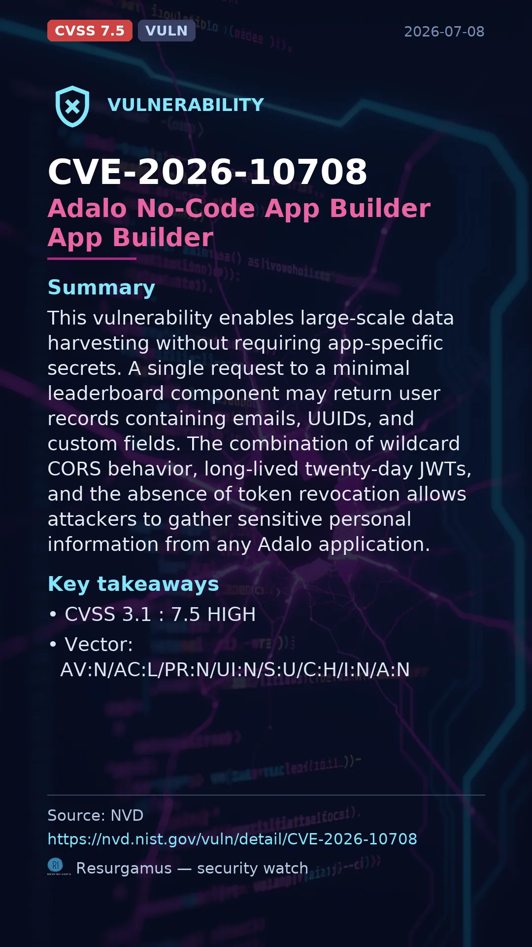 CVE-2026-10708 Adalo No-Code App Builder App Builder Vulnerability