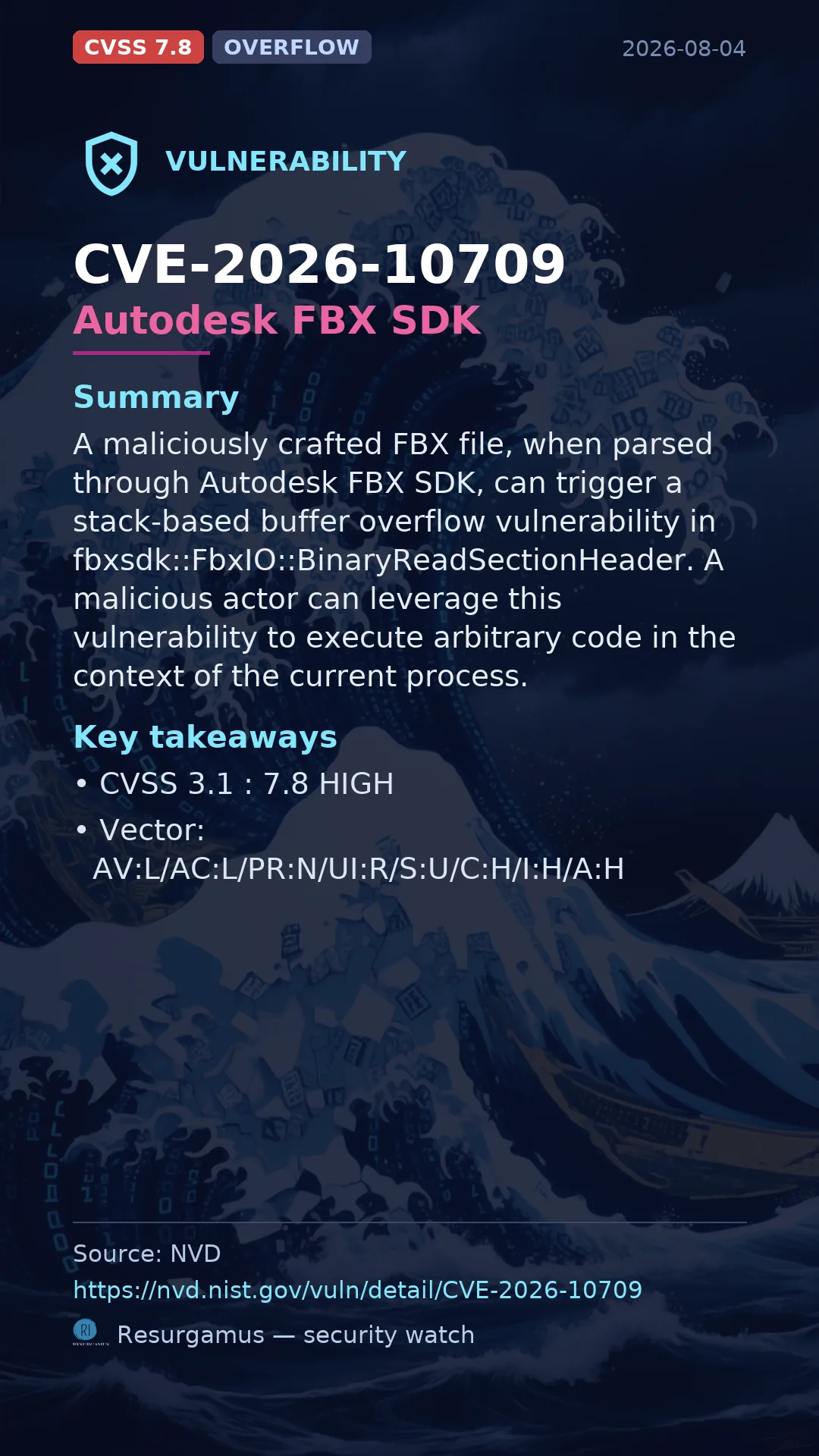 CVE-2026-10709 Autodesk FBX SDK Vulnerability