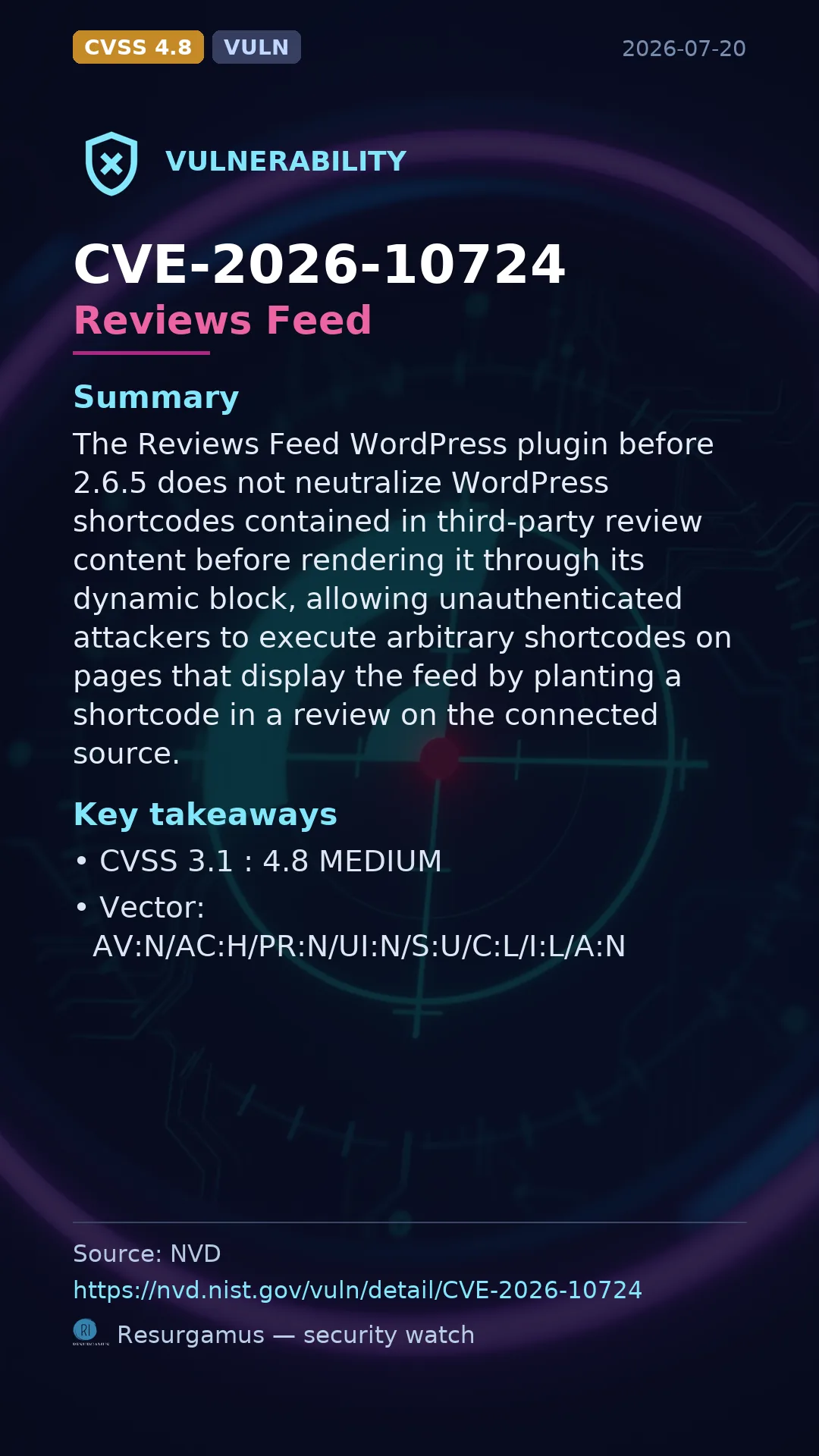 CVE-2026-10724 Reviews Feed Vulnerability