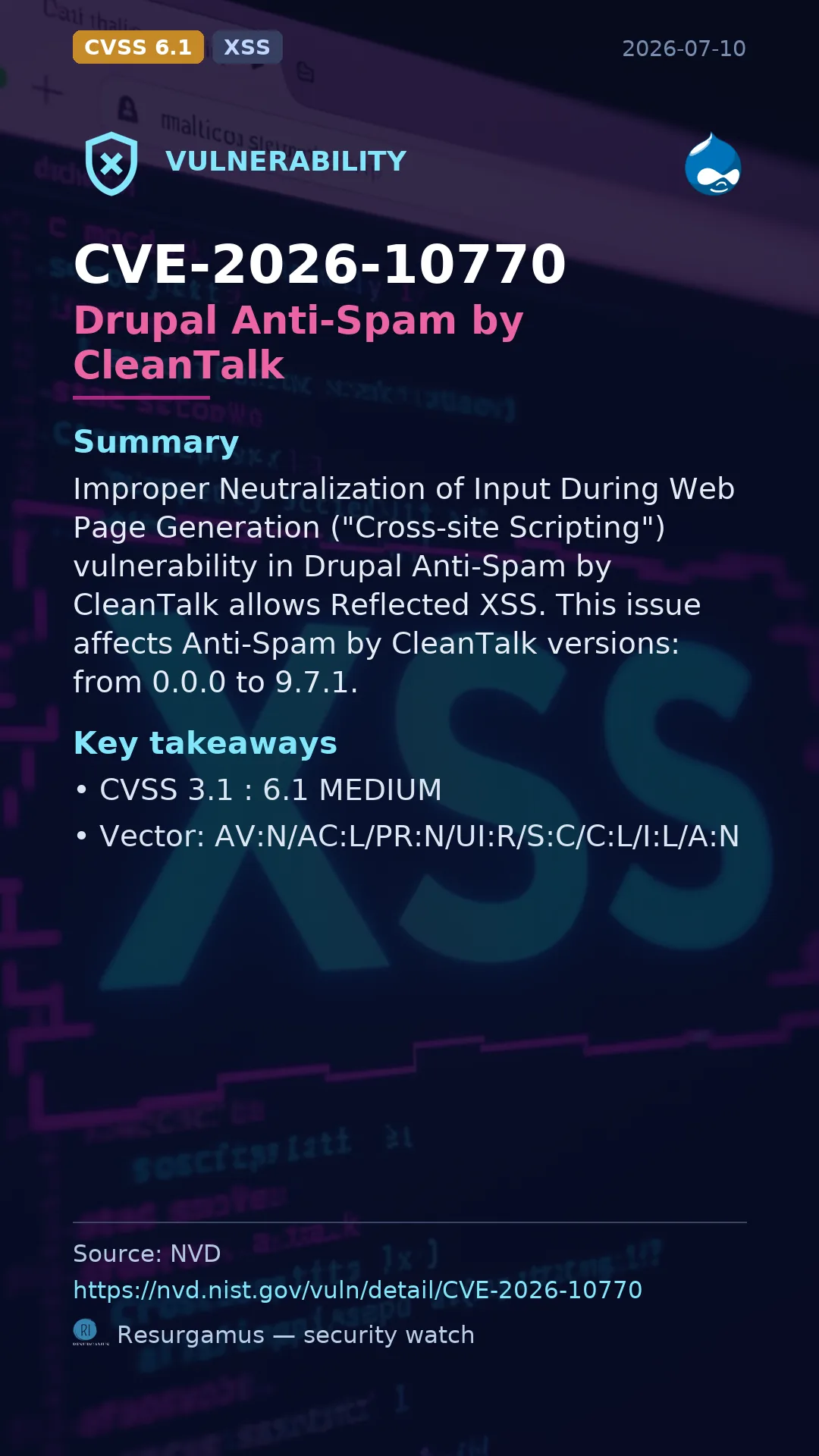 CVE-2026-10770 Drupal Anti-Spam by CleanTalk Vulnerability