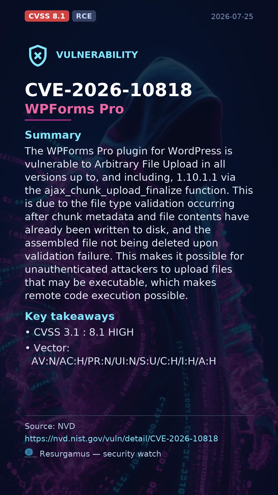 CVE-2026-10818 - WPForms Pro vulnerability