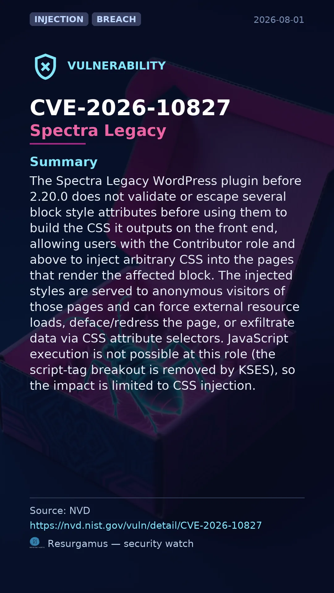 CVE-2026-10827 Spectra Legacy Vulnerability