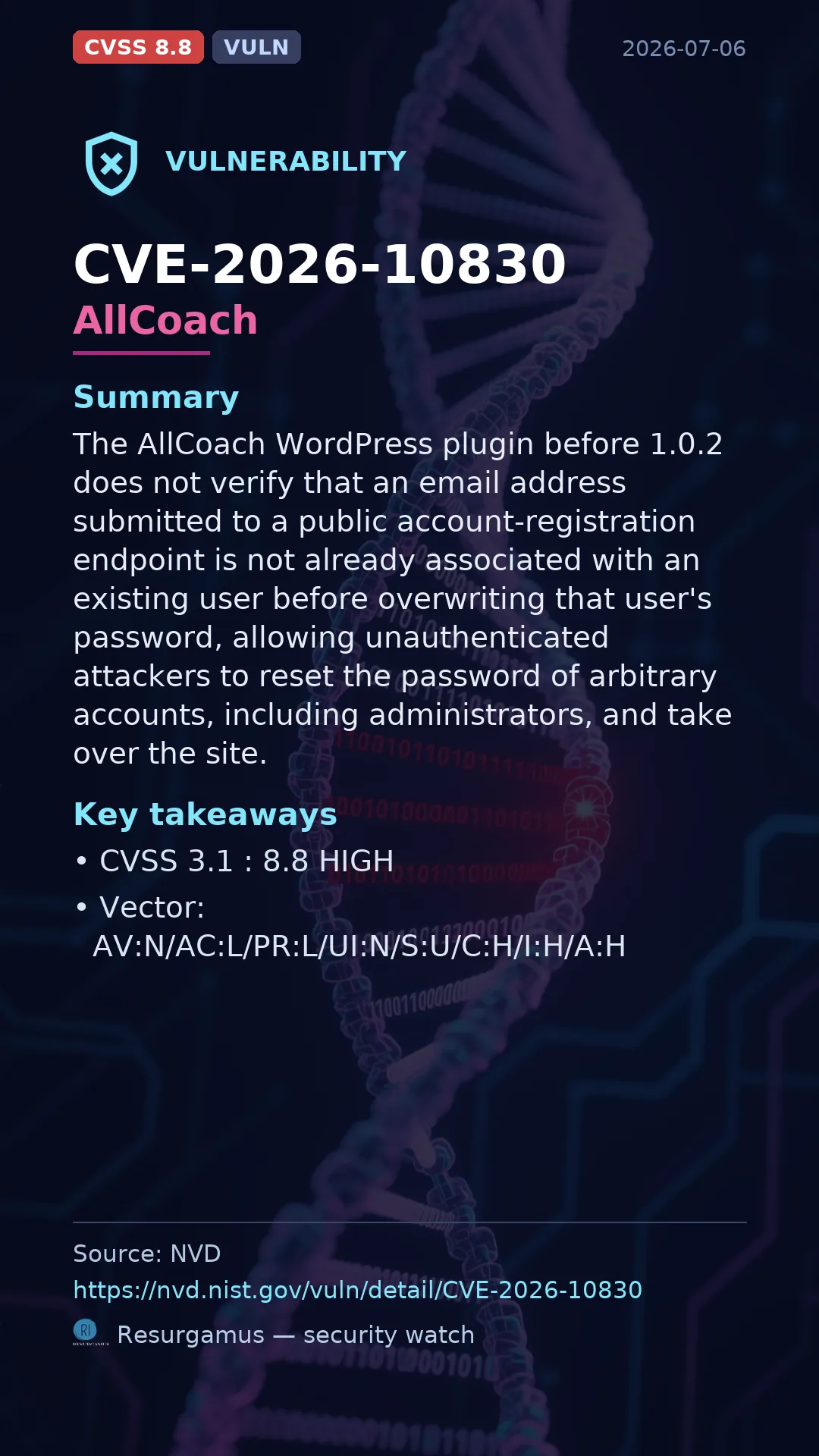 CVE-2026-10830 AllCoach Vulnerability