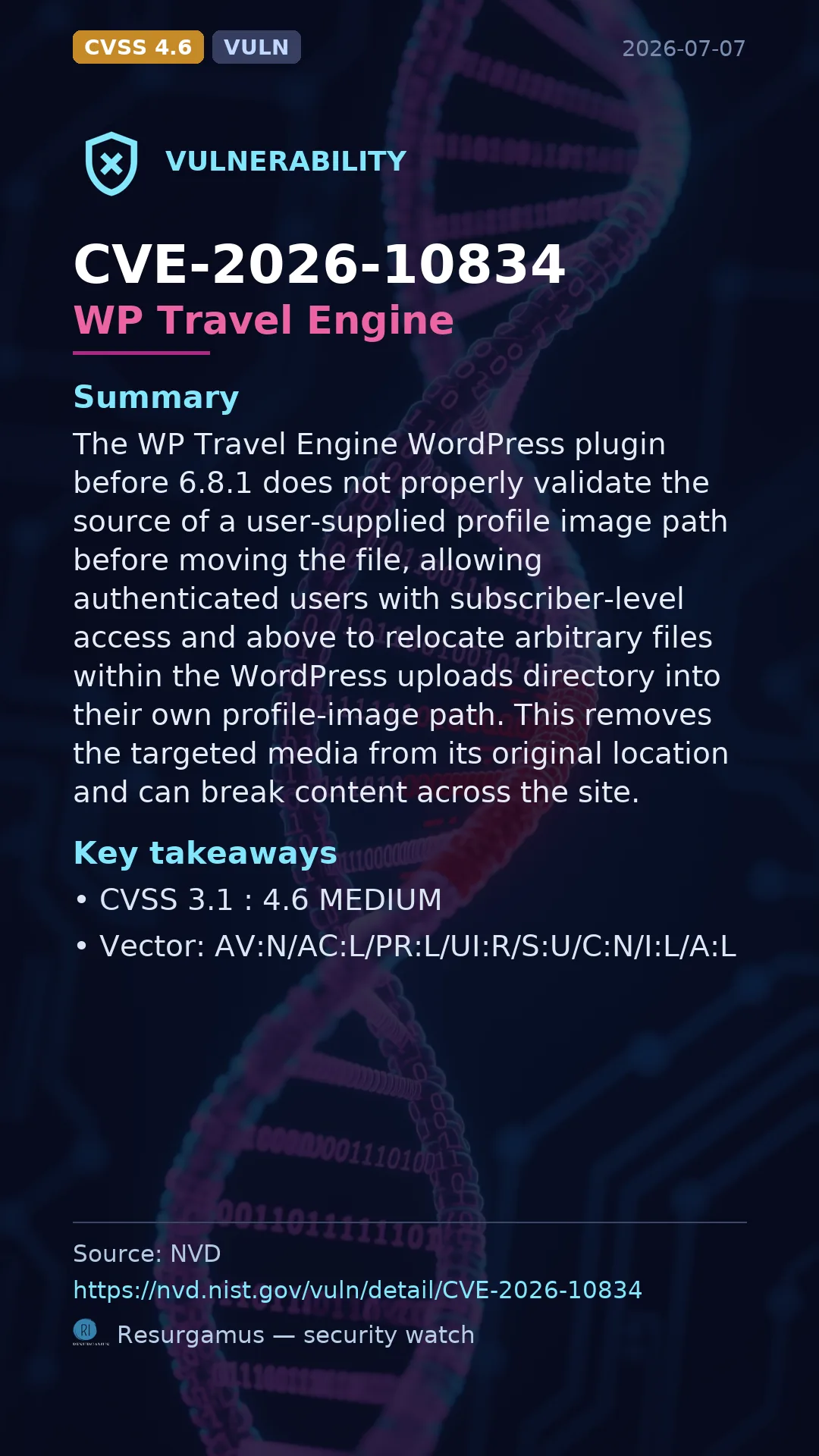 CVE-2026-10834 WP Travel Engine Vulnerability