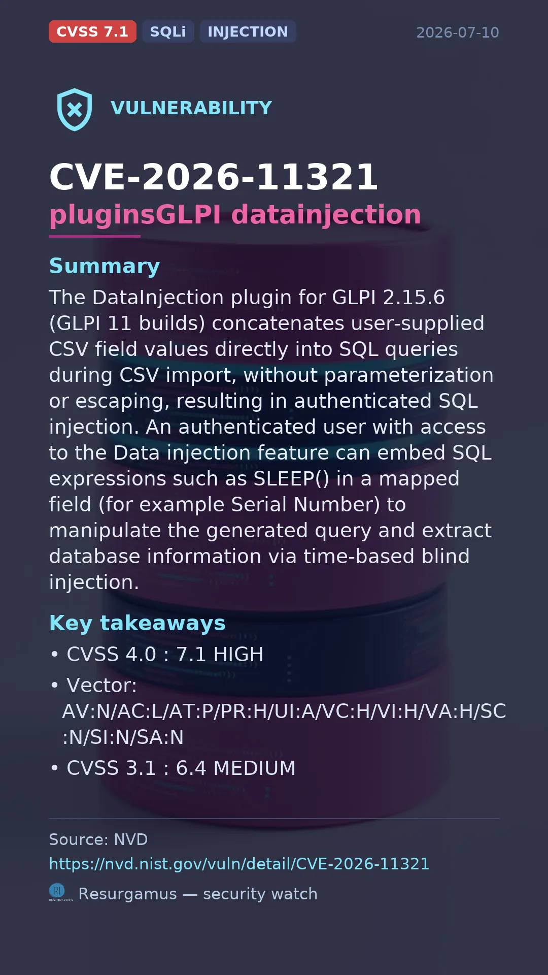 CVE-2026-11321 pluginsGLPI datainjection Vulnerability
