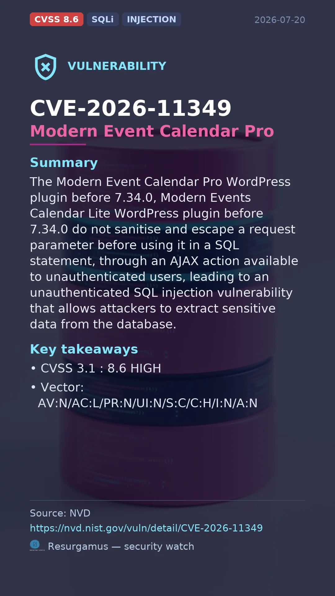 CVE-2026-11349 Modern Event Calendar Pro Vulnerability
