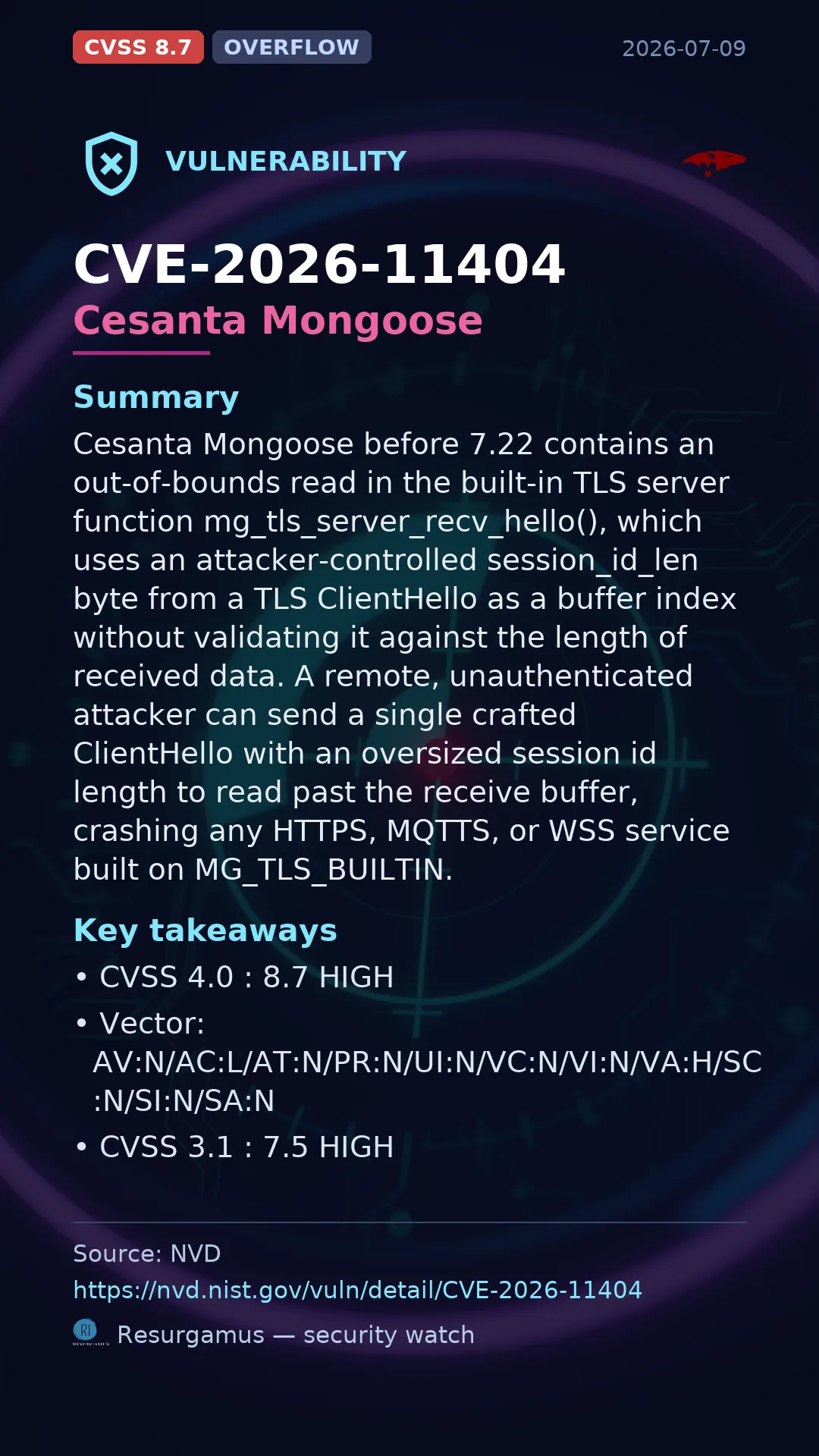CVE-2026-11404 Cesanta Mongoose Vulnerability
