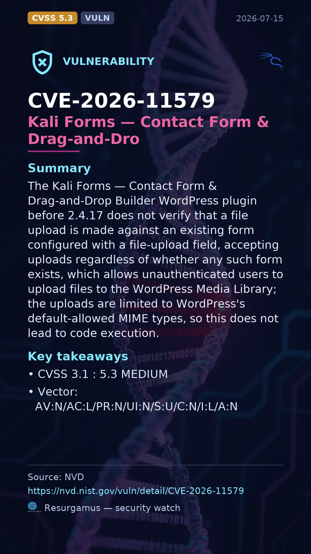 CVE-2026-11579 Kali Forms — Contact Form & Drag-and-Dro Vulnerability