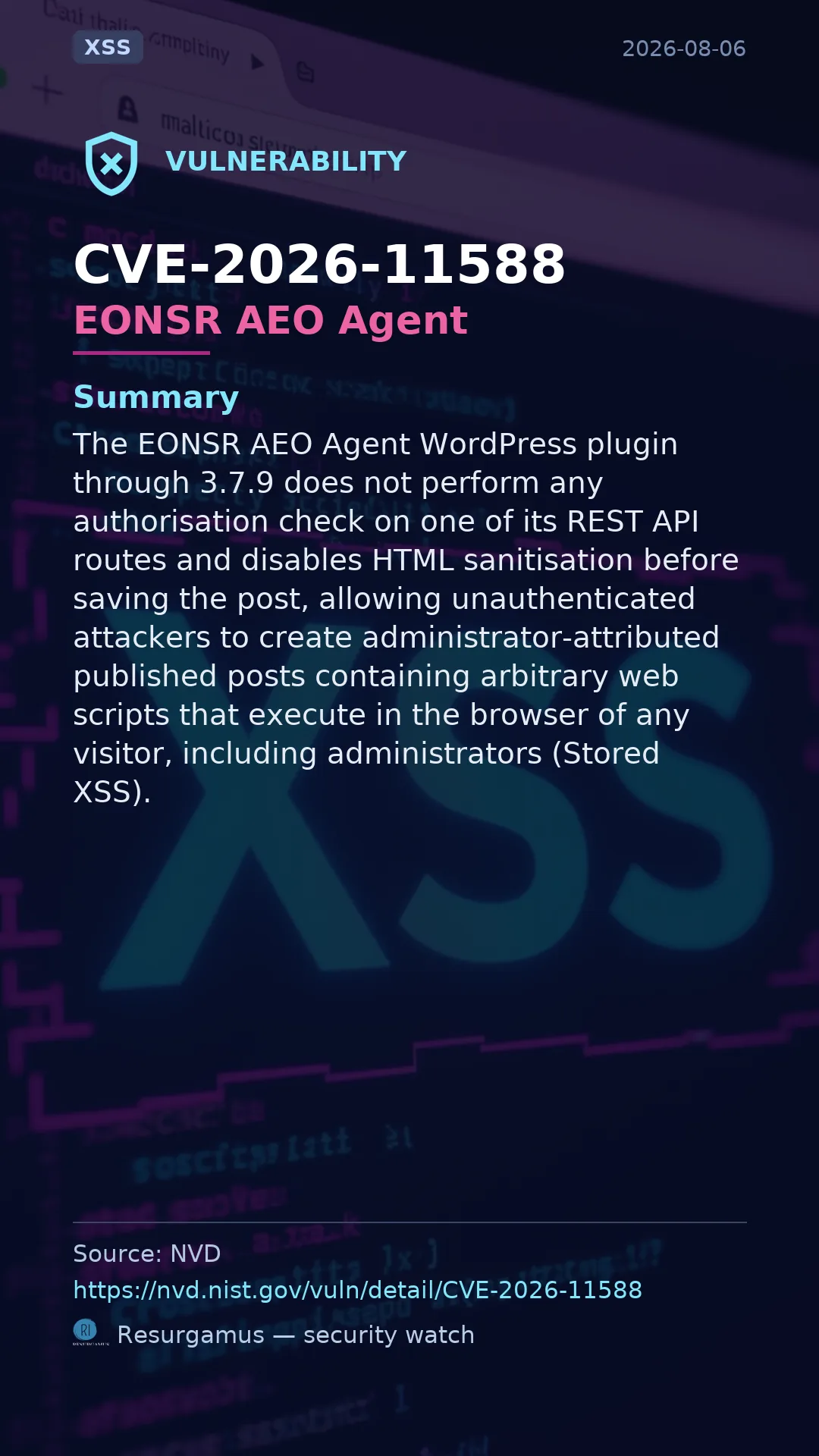 CVE-2026-11588 EONSR AEO Agent Vulnerability