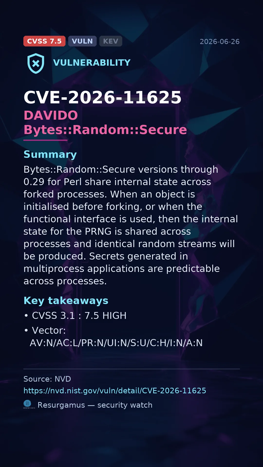 CVE-2026-11625 DAVIDO Bytes::Random::Secure Vulnerability