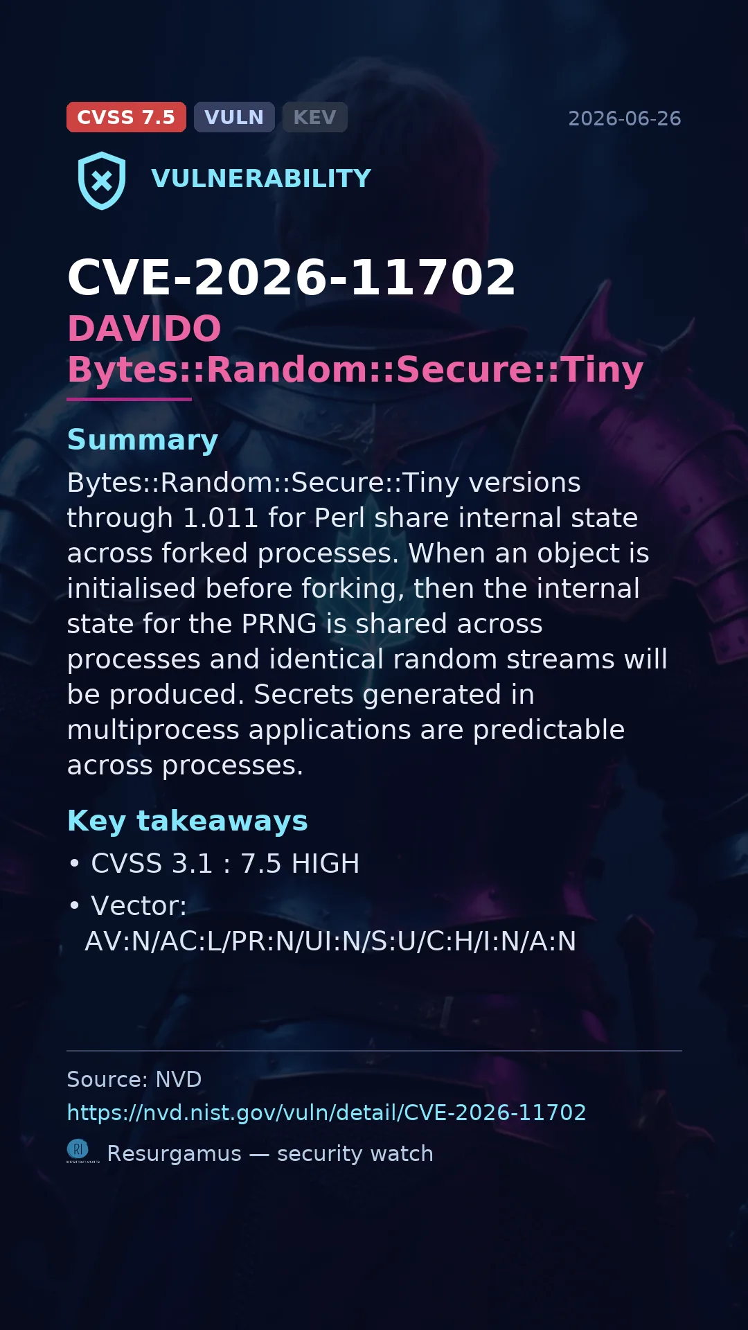 CVE-2026-11702 DAVIDO Bytes::Random::Secure::Tiny Vulnerability