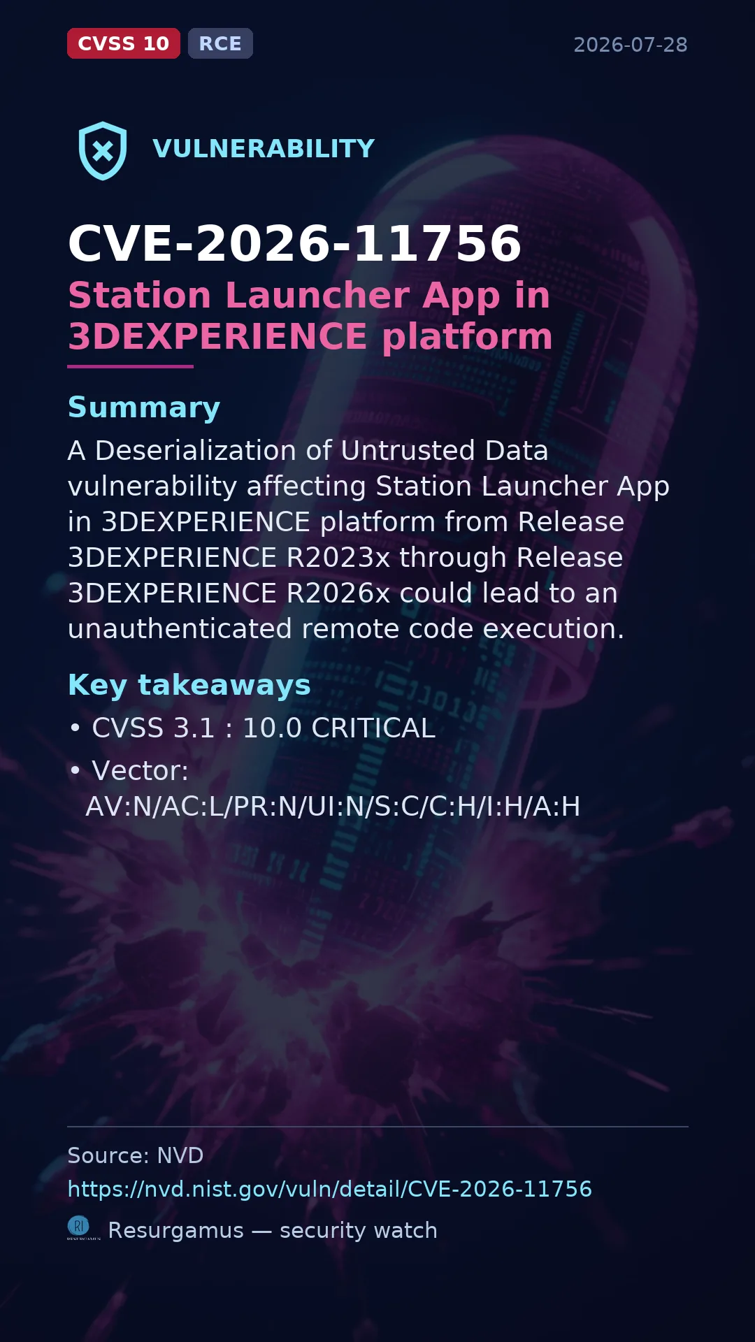 CVE-2026-11756 Station Launcher App in 3DEXPERIENCE pla Vulnerability