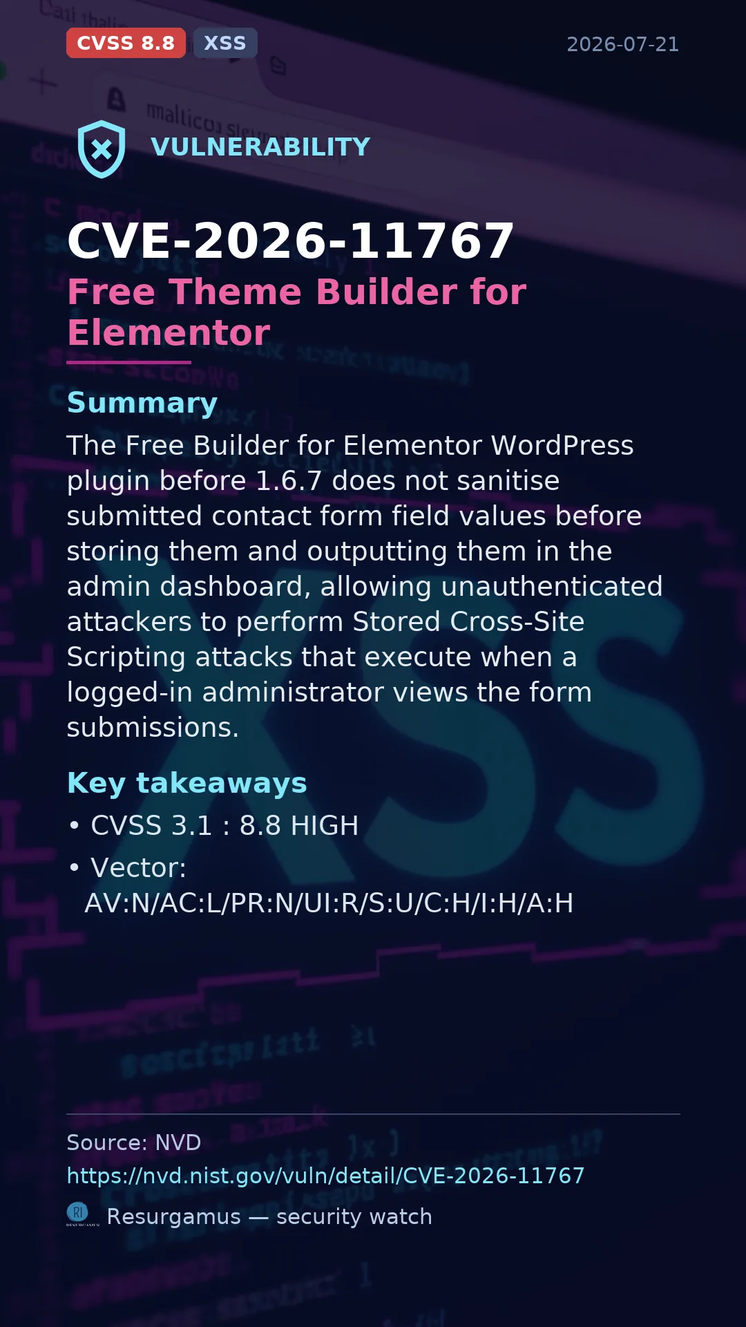CVE-2026-11767 Free Theme Builder for Elementor Vulnerability