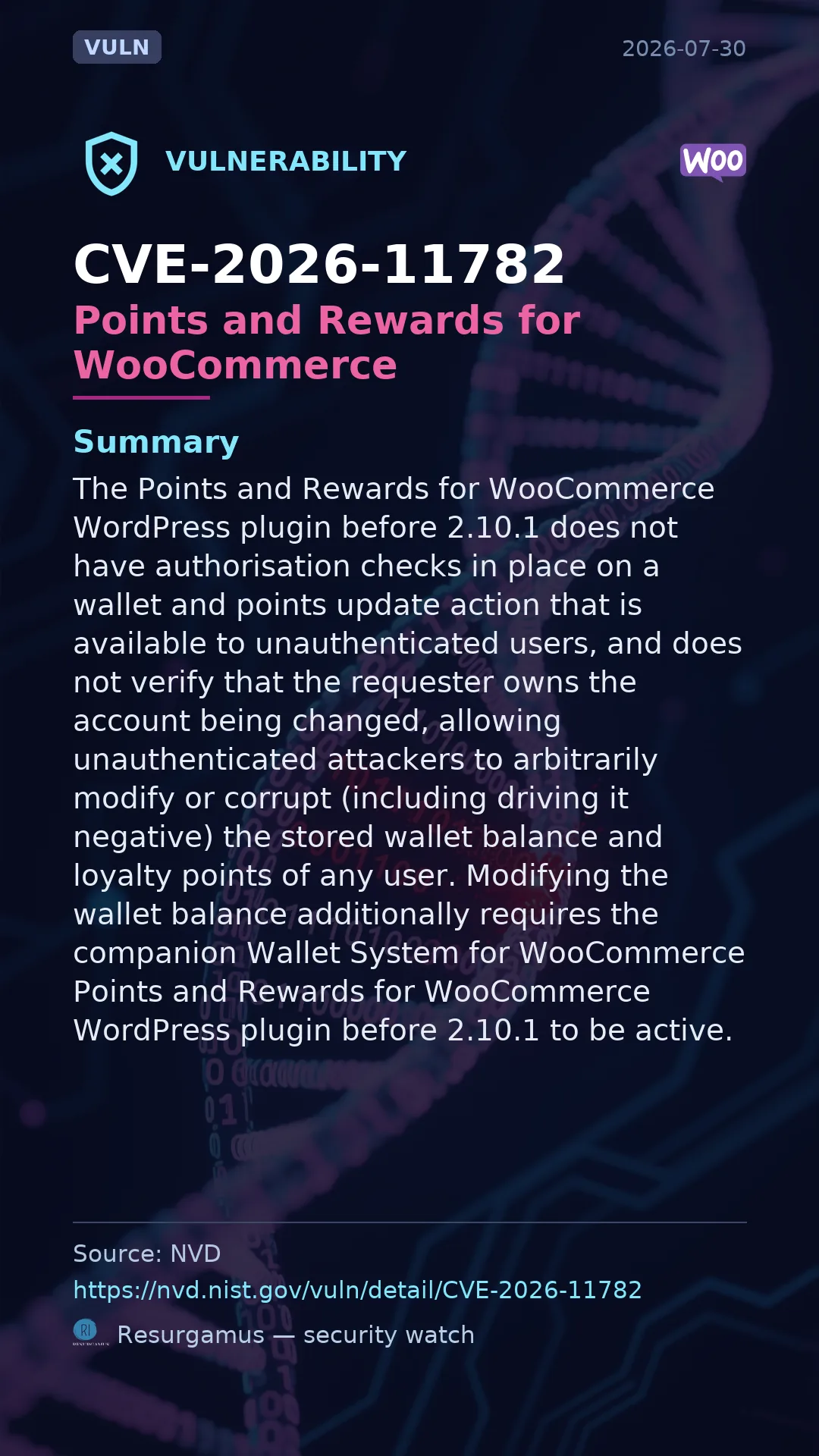 CVE-2026-11782 Points and Rewards for WooCommerce Vulnerability