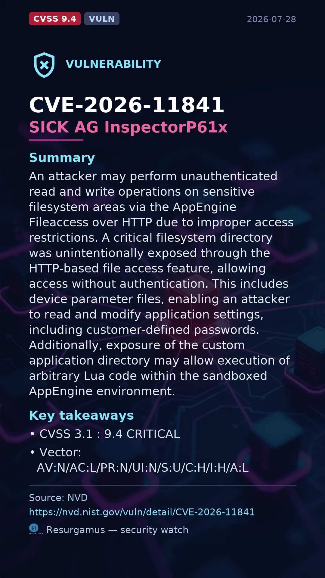 CVE-2026-11841 SICK AG InspectorP61x Vulnerability