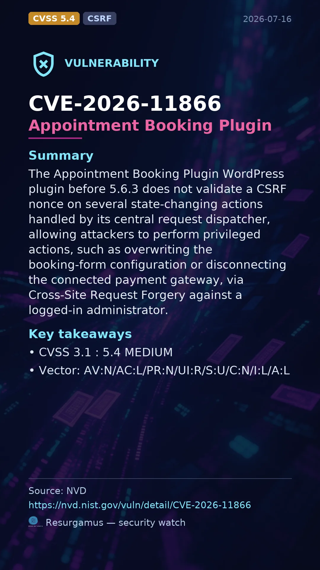 CVE-2026-11866 Appointment Booking Plugin Vulnerability