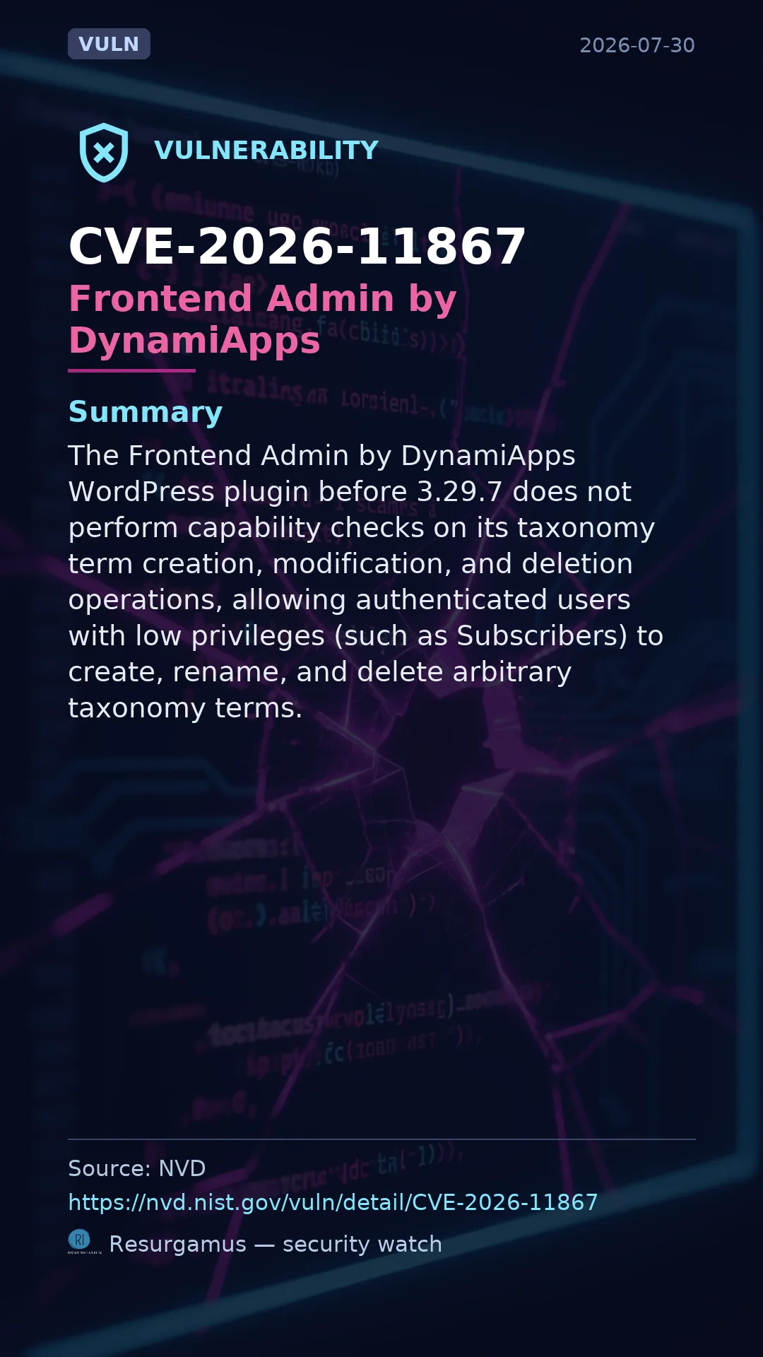 CVE-2026-11867 Frontend Admin by DynamiApps Vulnerability