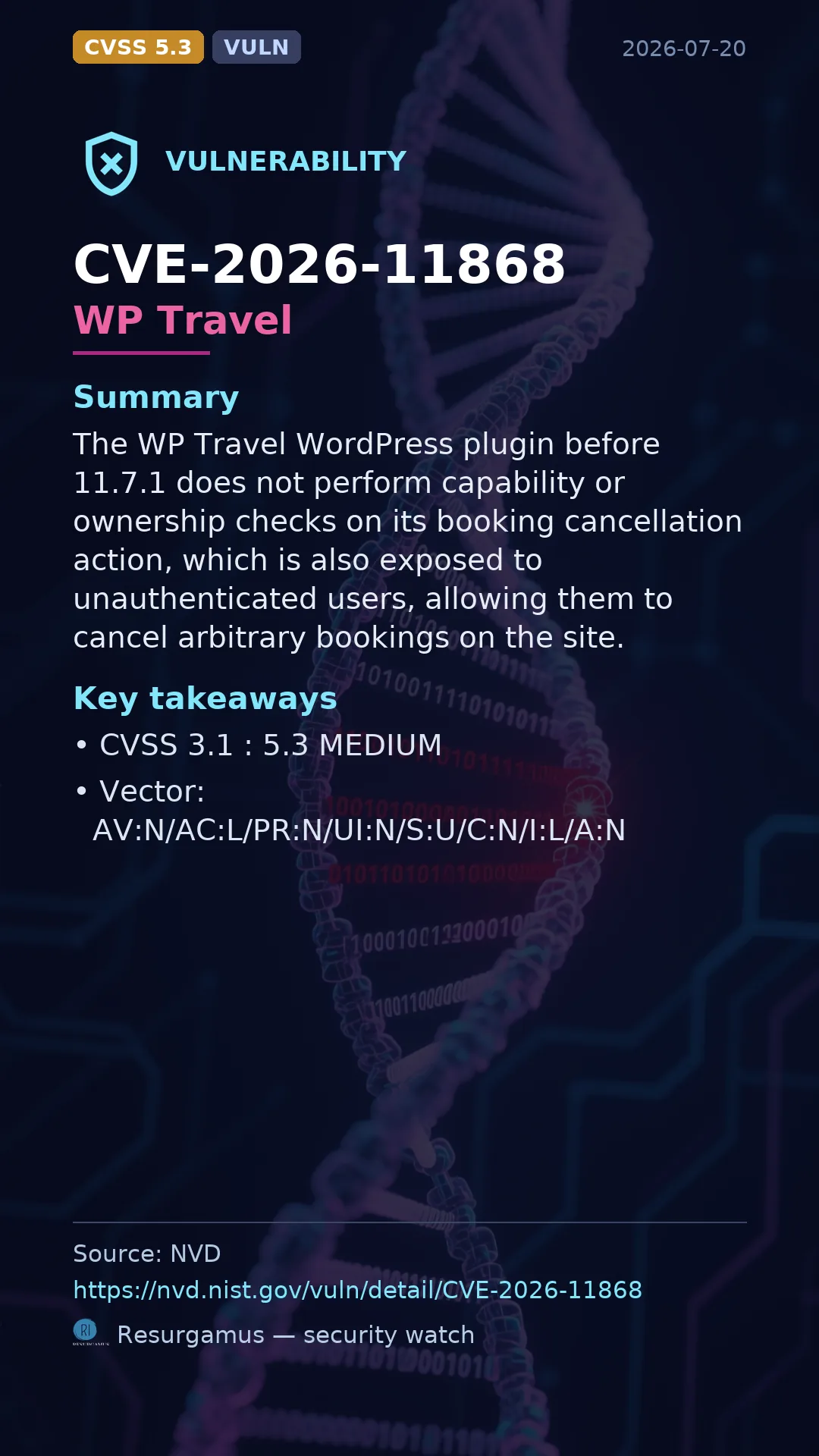 CVE-2026-11868 WP Travel Vulnerability