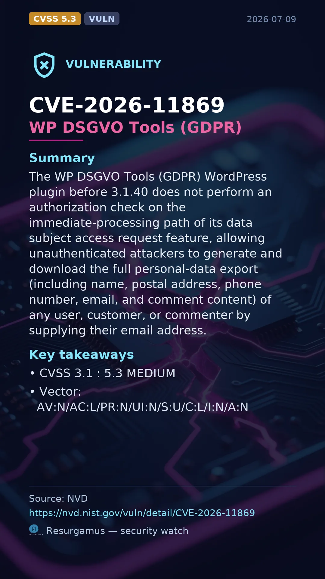 CVE-2026-11869 WP DSGVO Tools (GDPR) Vulnerability