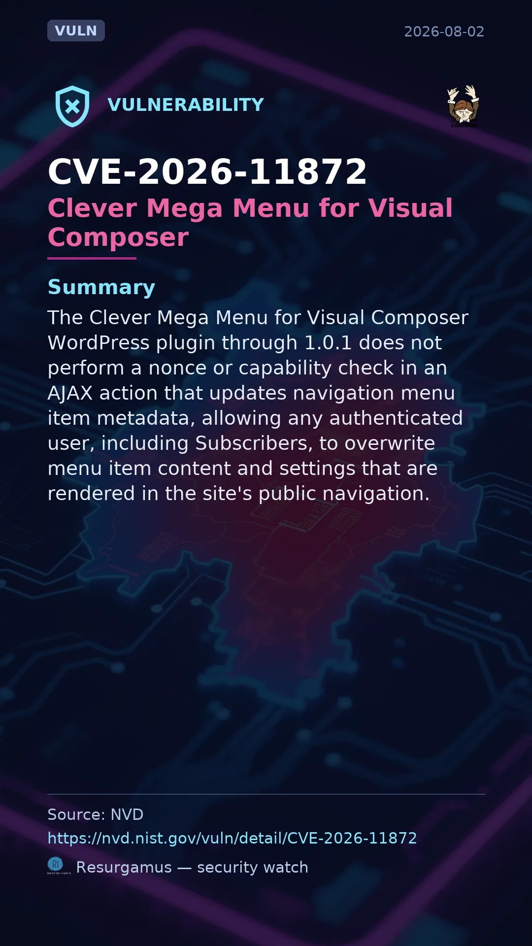 CVE-2026-11872 Clever Mega Menu for Visual Composer Vulnerability