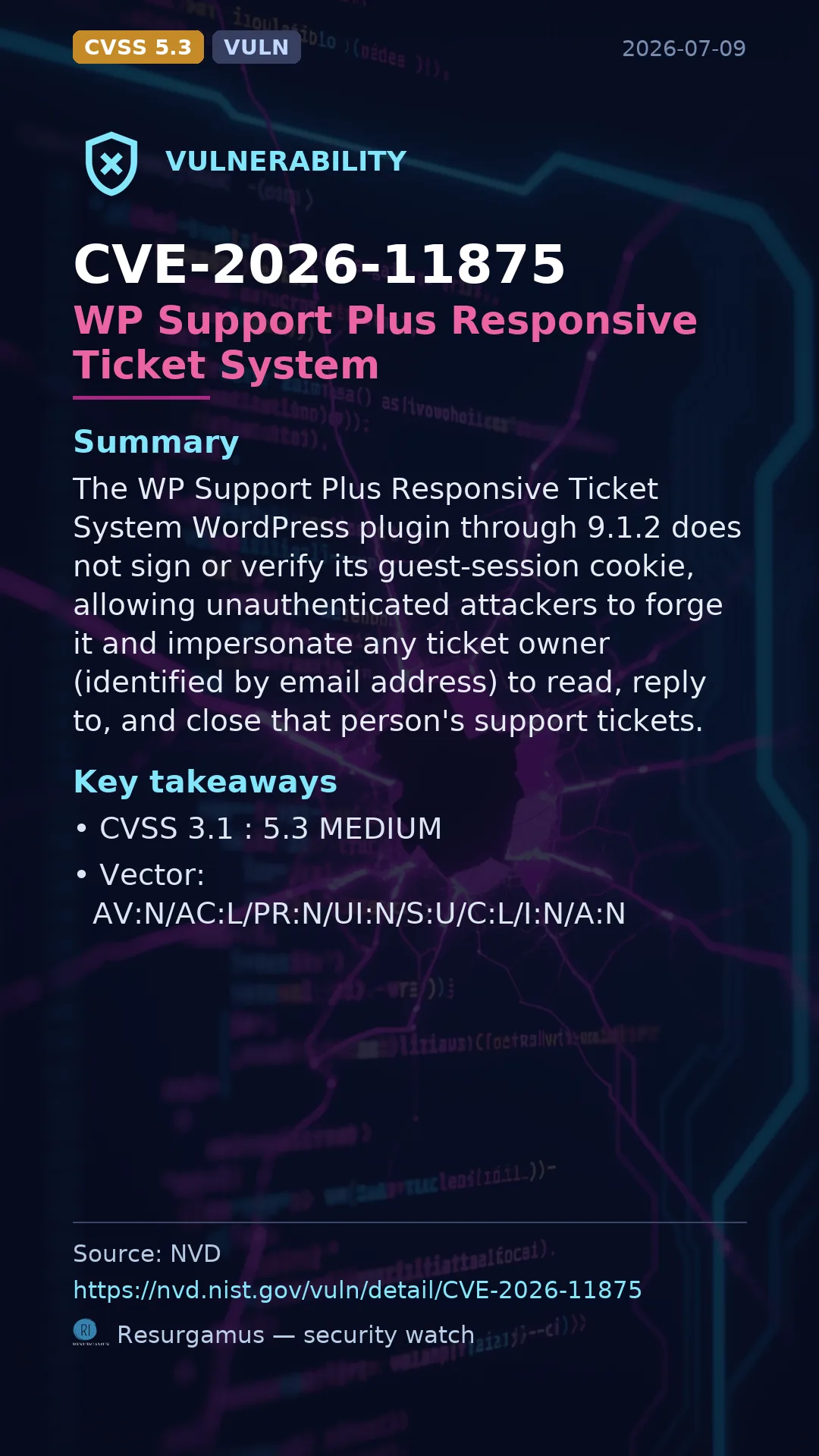 CVE-2026-11875 WP Support Plus Responsive Ticket System Vulnerability