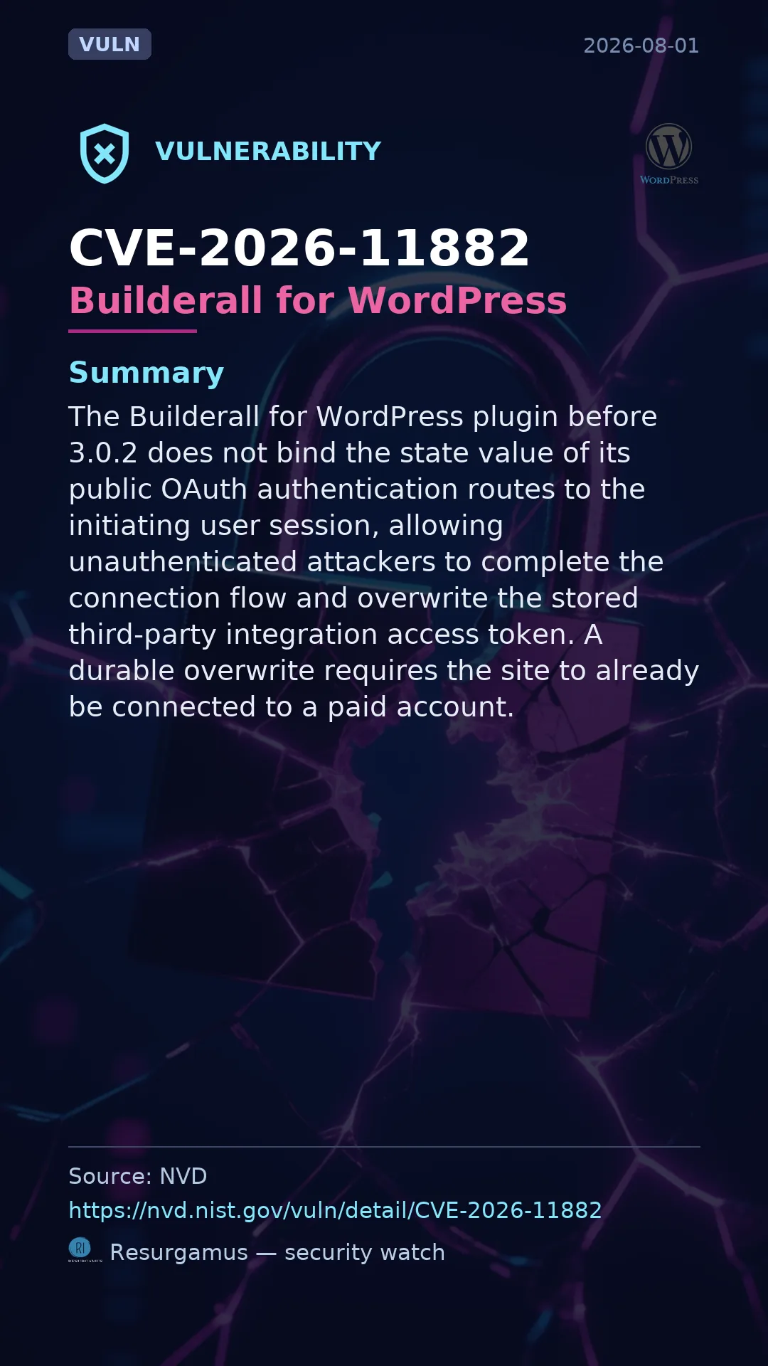 CVE-2026-11882 Builderall for WordPress Vulnerability