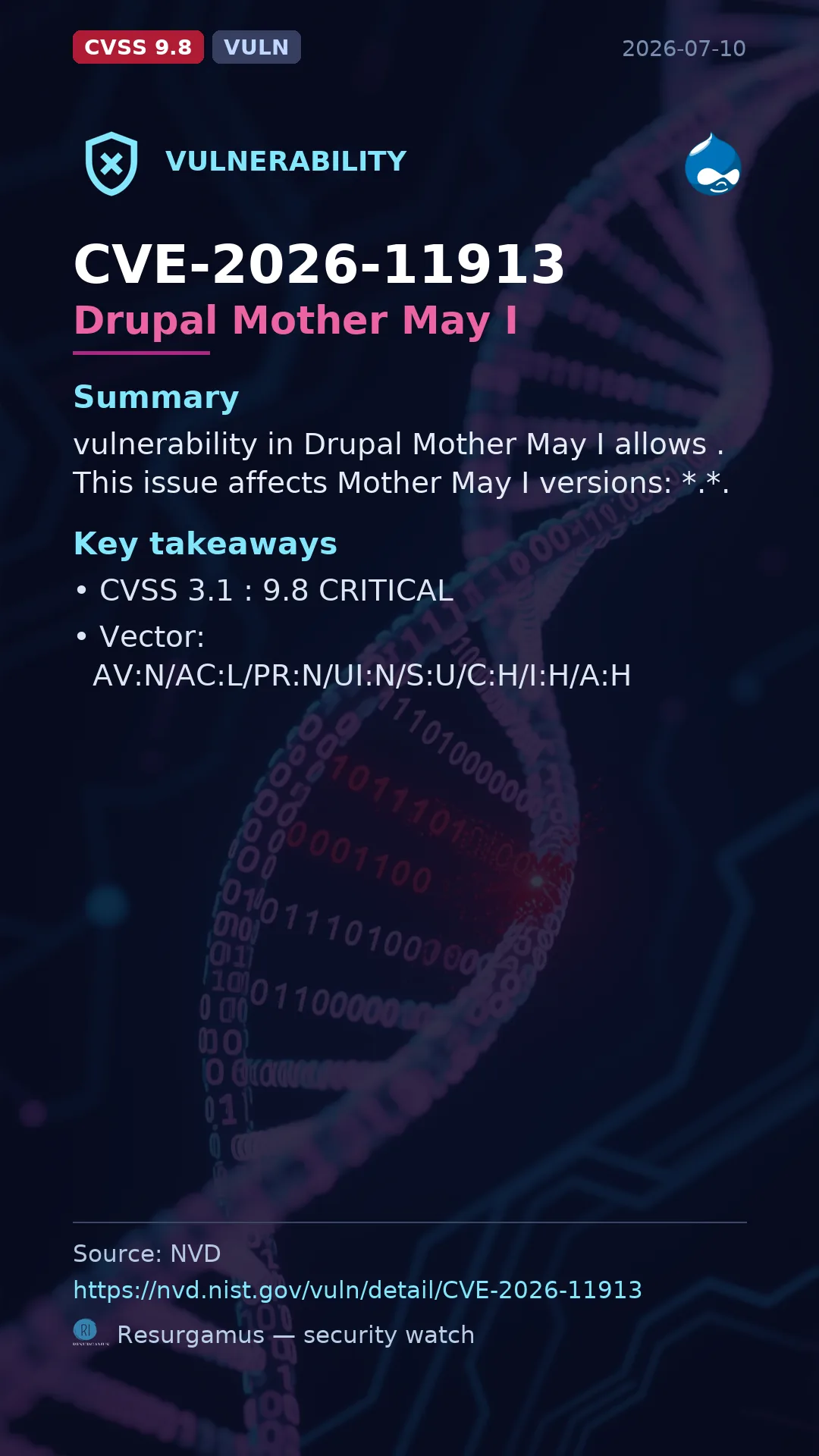 CVE-2026-11913 Drupal Mother May I Vulnerability