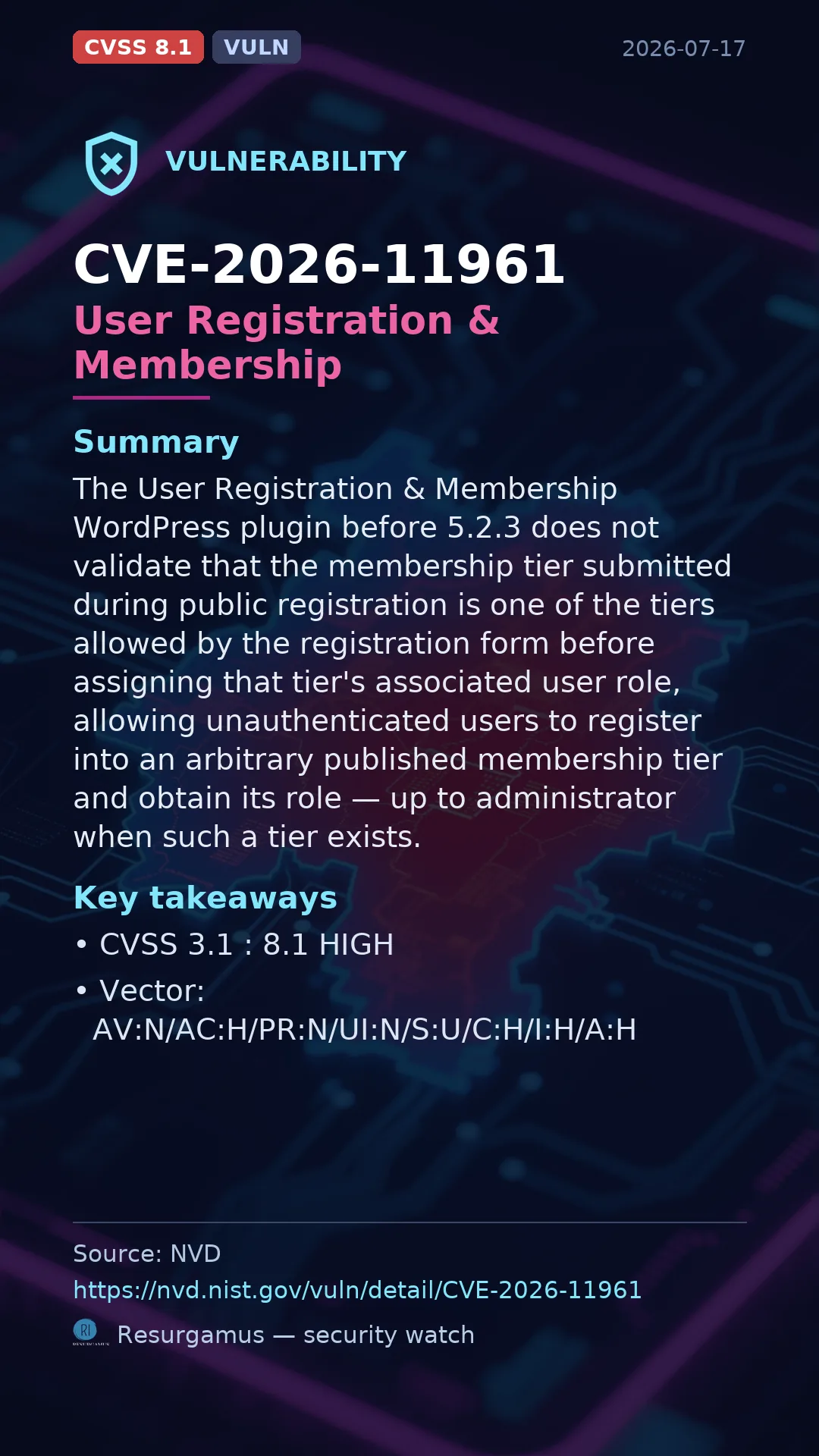 CVE-2026-11961 User Registration & Membership Vulnerability